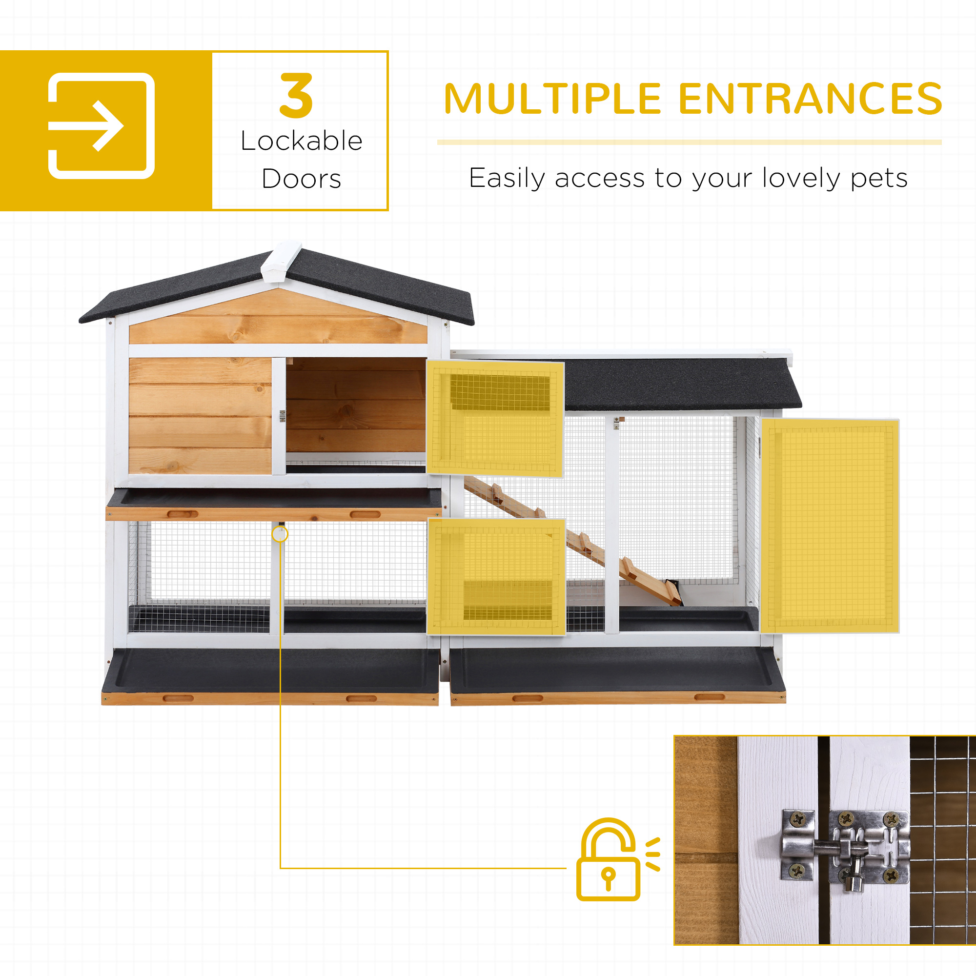 62" Rabbit Hutch, Wooden Bunny Hutch, Guinea Pig Cage, Small Animal Enclosure with Run Area, Removable Tray, Asphalt Roof, Lockable Doors and Ramp, for Rabbits, Chickens, Ducks, Nature Wood — imagen 5