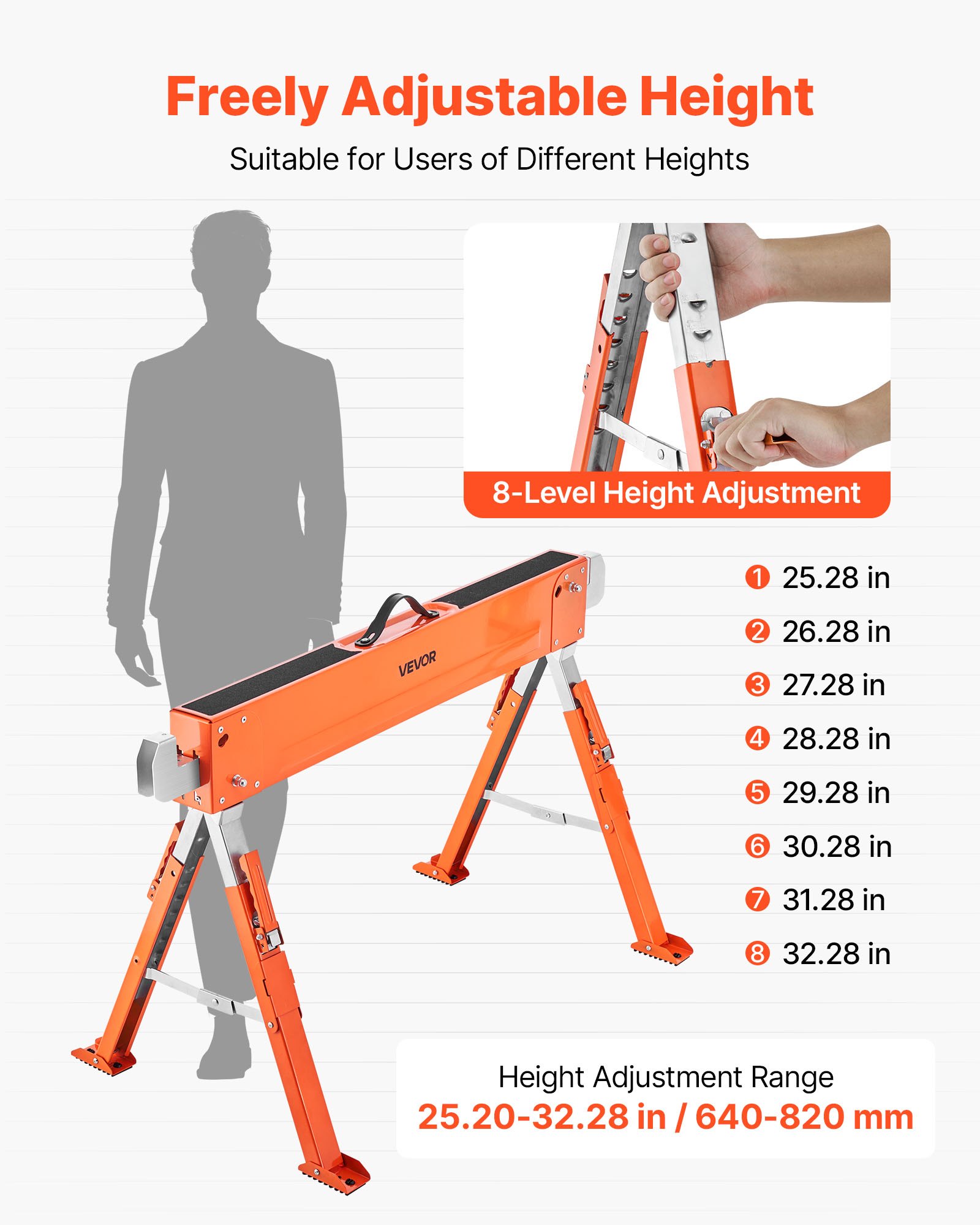Saw Horses, 2 Pack Folding Work Horses, 1800 Lbs Load Capacity Sawhorse With Heavy Duty Legs, Adjustable Height Saw Horse With Non-Slip Foot Pads, For Woodworking, Carpenters & Contractors — image 4