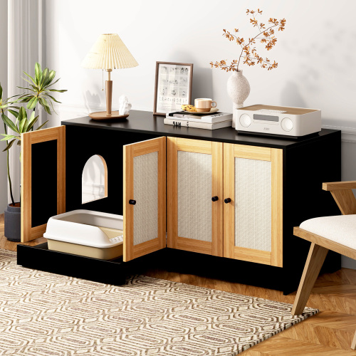 Caja de Limpieza para Gatos Doble con Puertas de Rattán, Encierro de Caja de Arena para 2 Gatos, Mueble de Arena Oculta con Panel de Escarificado para Gatos, 47" L x 19.8" A x 21.8" H, Negro — imagen 3