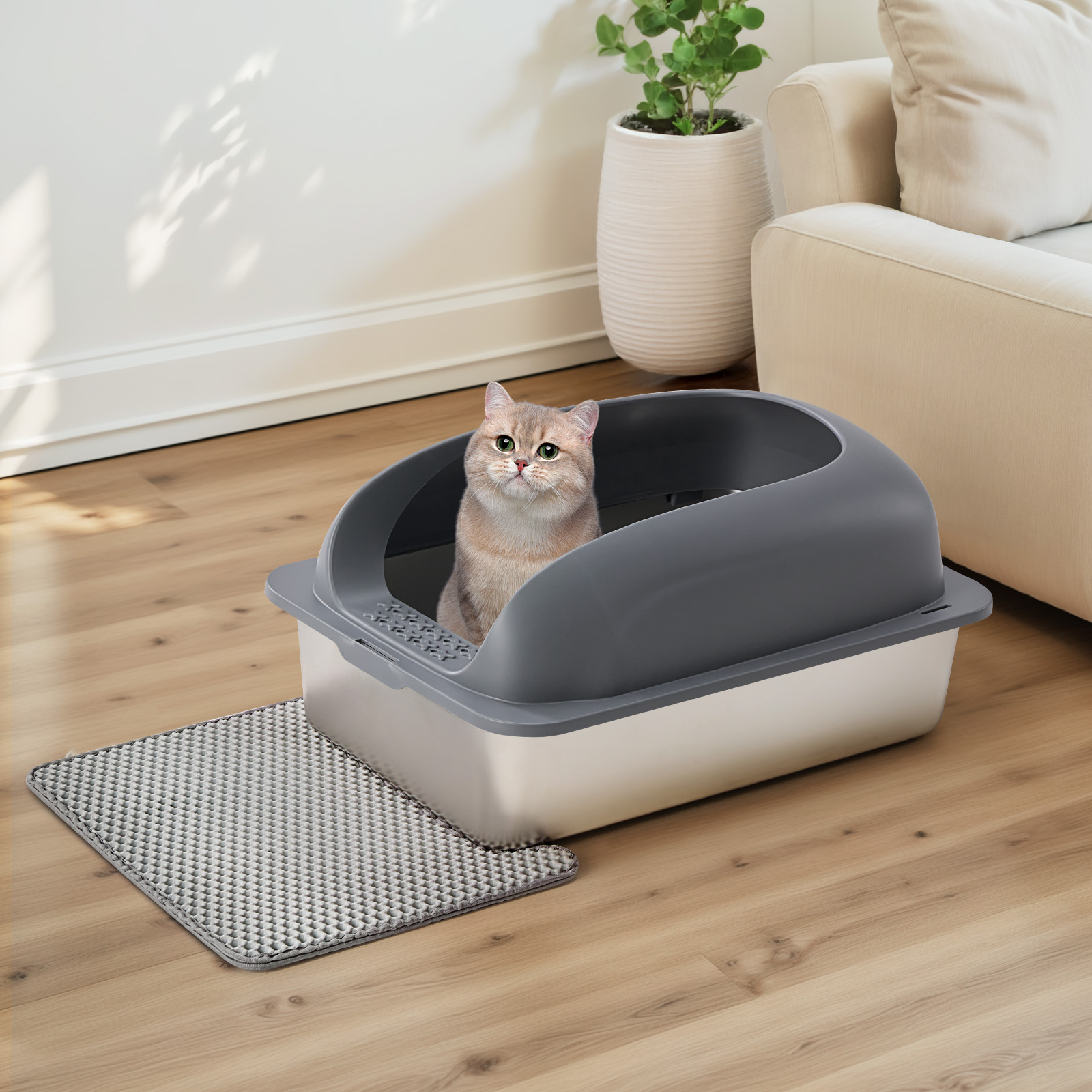 Caja de Arena para Gatos en Acero Inoxidable con Tapadera, Gran Caja de Arena para Gatos Grandes, Escoba y Manta Incluidas — imagen 39