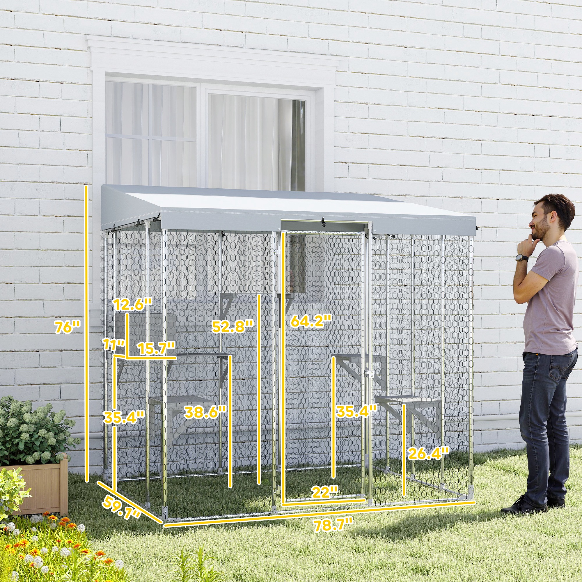 Catio Grande de Acero Galvanizado de 79" con Tejado Impermeable, Box de Descanso y Plataformas para Saltar, para 1-3 Gatos, Plateado — imagen 7