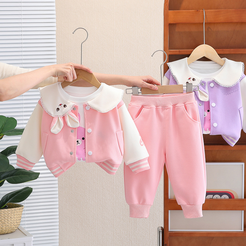 Girls 0-4 Years Old Rabbit Print Zipper Hoodie Pants Set with Wide Collar — image 5