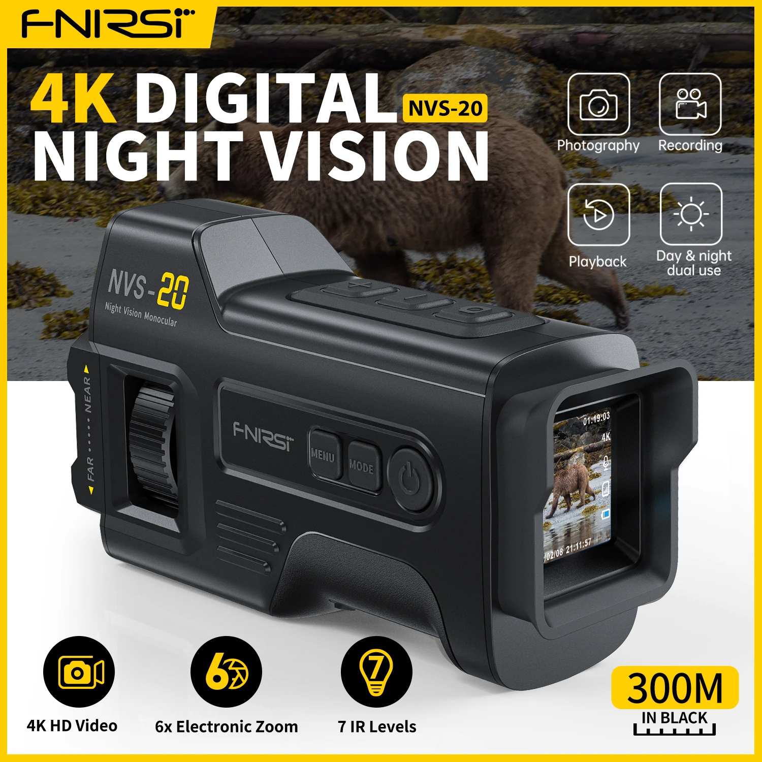 FNIRSI Telescopio NVS-20 Visión Nocturna 4K HD Gafas de Observación 6x Zoom Digital 300m Caza, Camping y Escopeta Diurno y Nocturno Doble Uso — imagen 1