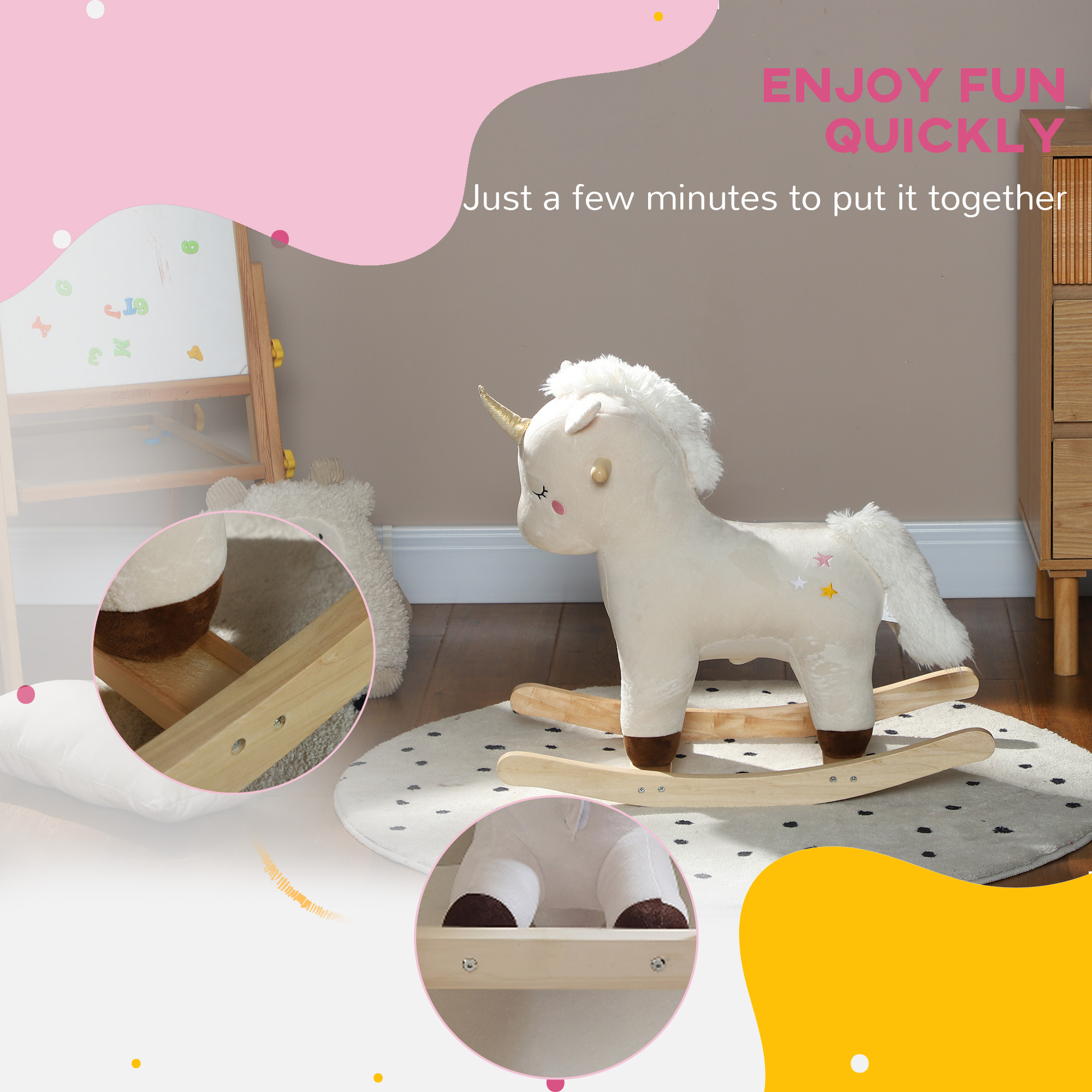 Caballo de Roca para Niños, Poni Unicornio con Sonidos Realistas & Base de Madera para Edad 2-4, Blanco — imagen 6