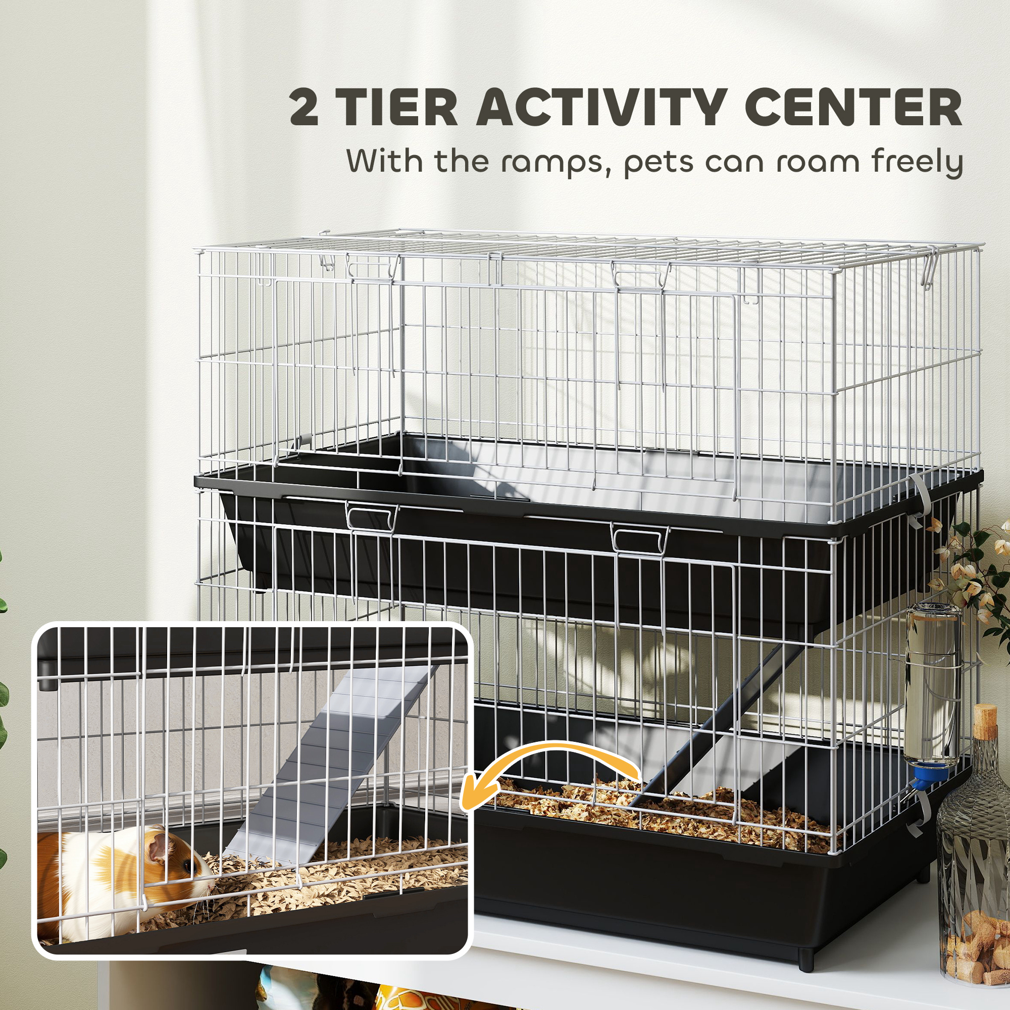 2-Tier Small Animal Cage with 2 Doors, Trays, Dish, Bottle, and Ramp for Bunny, Ferret, Chinchilla, Black — image 5