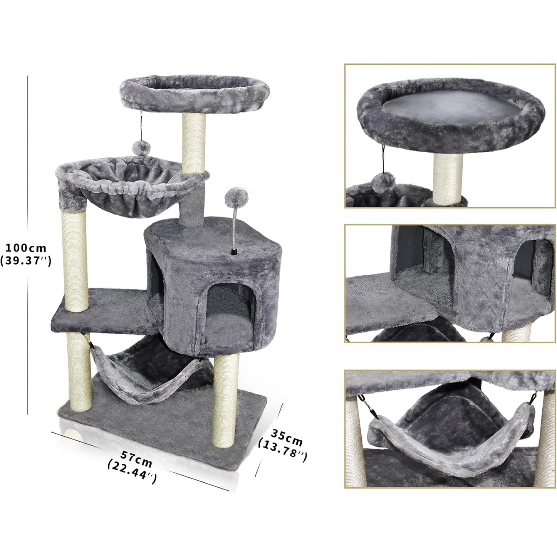 Árbol para Gatos con Condo y Hammock Grande, Gris — imagen 6