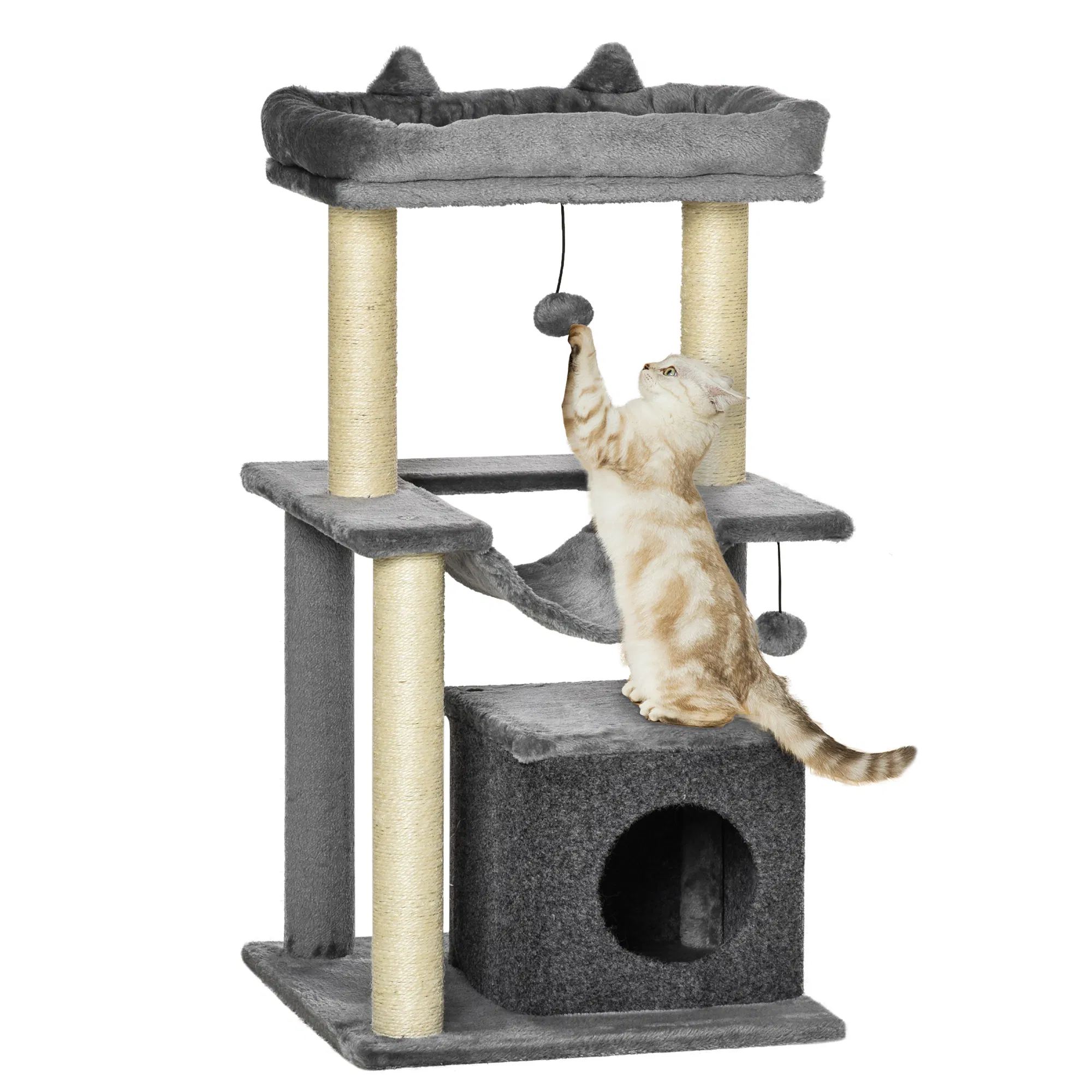 39.25'' Cat Tree Tower Multi-Level Kitten House with Scratching Post Condo Hammock Bed Ball Toy - Gray — image 1