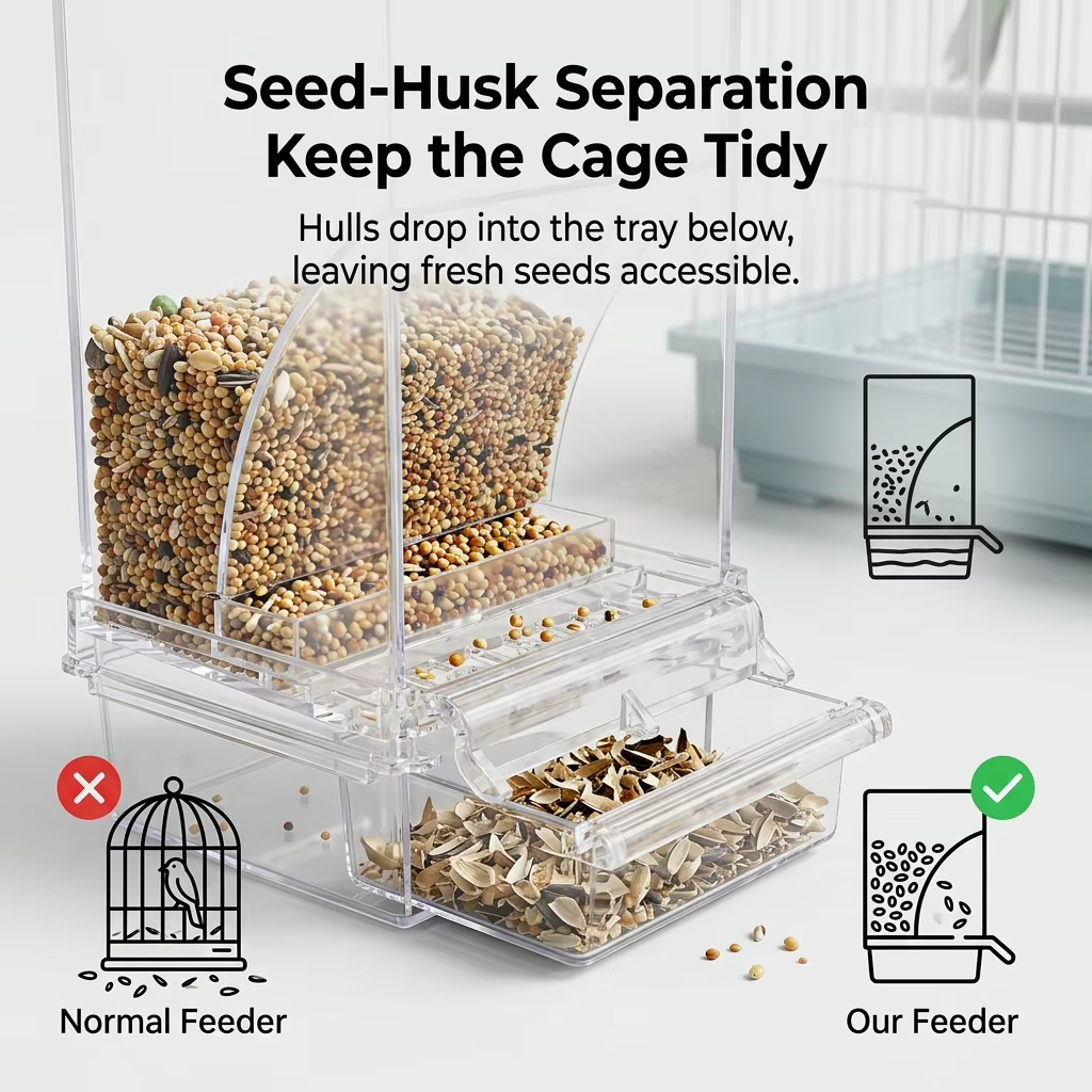 No Mess Automatic Bird Feeder Clear Acrylic Seed Dispenser Spill-Proof Parrot Feeder Cage Accessories for Budgies Parakeet Cockatiel Finch — image 4