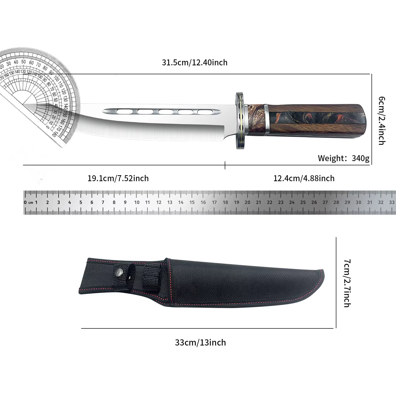 Outdoor tactical straight knife with wooden handle, featuring a nylon sheath—ideal for wilderness expeditions — image 6