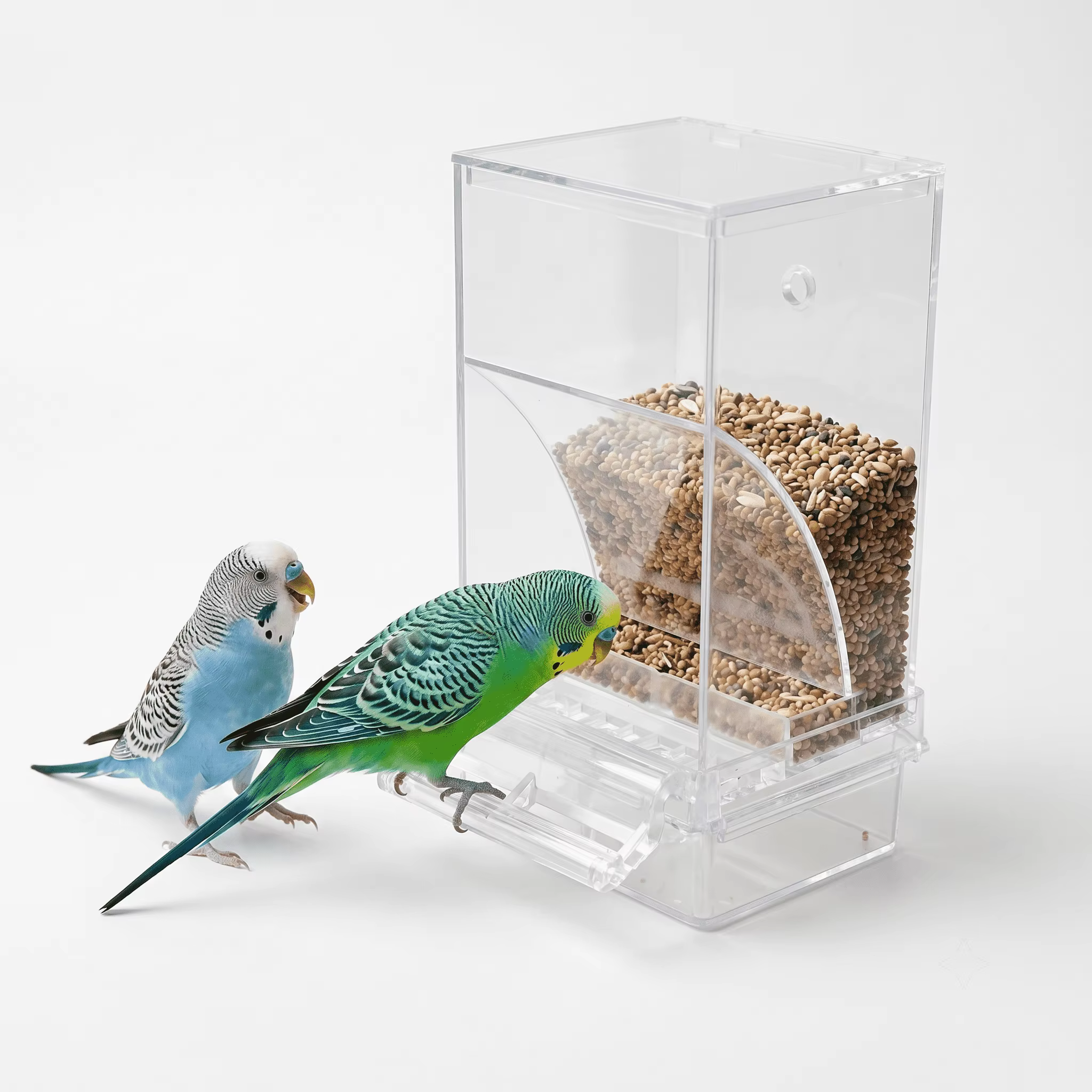 No Mess Automatic Bird Feeder Clear Acrylic Seed Dispenser Spill-Proof Parrot Feeder Cage Accessories for Budgies Parakeet Cockatiel Finch — image 1