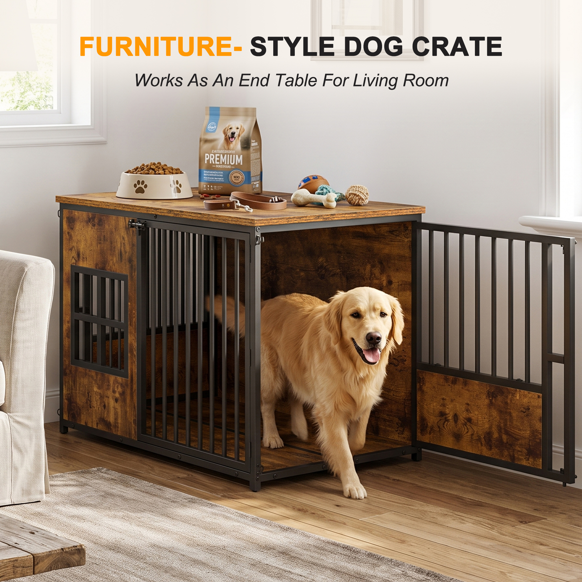 Wooden Dog Crate Furniture, Large Dog Kennel with Storage Top, Indoor Pet Cage — image 8