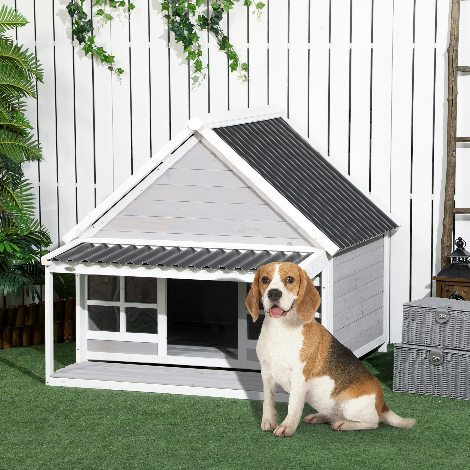 Casa de Perro en Madera con Porche, Casa para Perros al Aire Libre con Techo Inclinado, Puerta y Ventanas para Perros de Mediano a Grande Tamaño — imagen 1