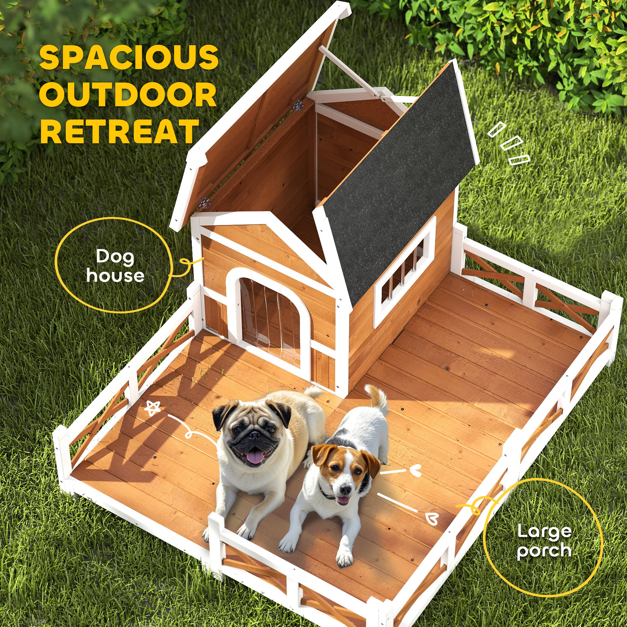 Outdoor Wooden Dog House, Dog Shelter With Large Porch, Weatherproof & Openable Roof, Elevated Base, Removable Floor — imagen 4
