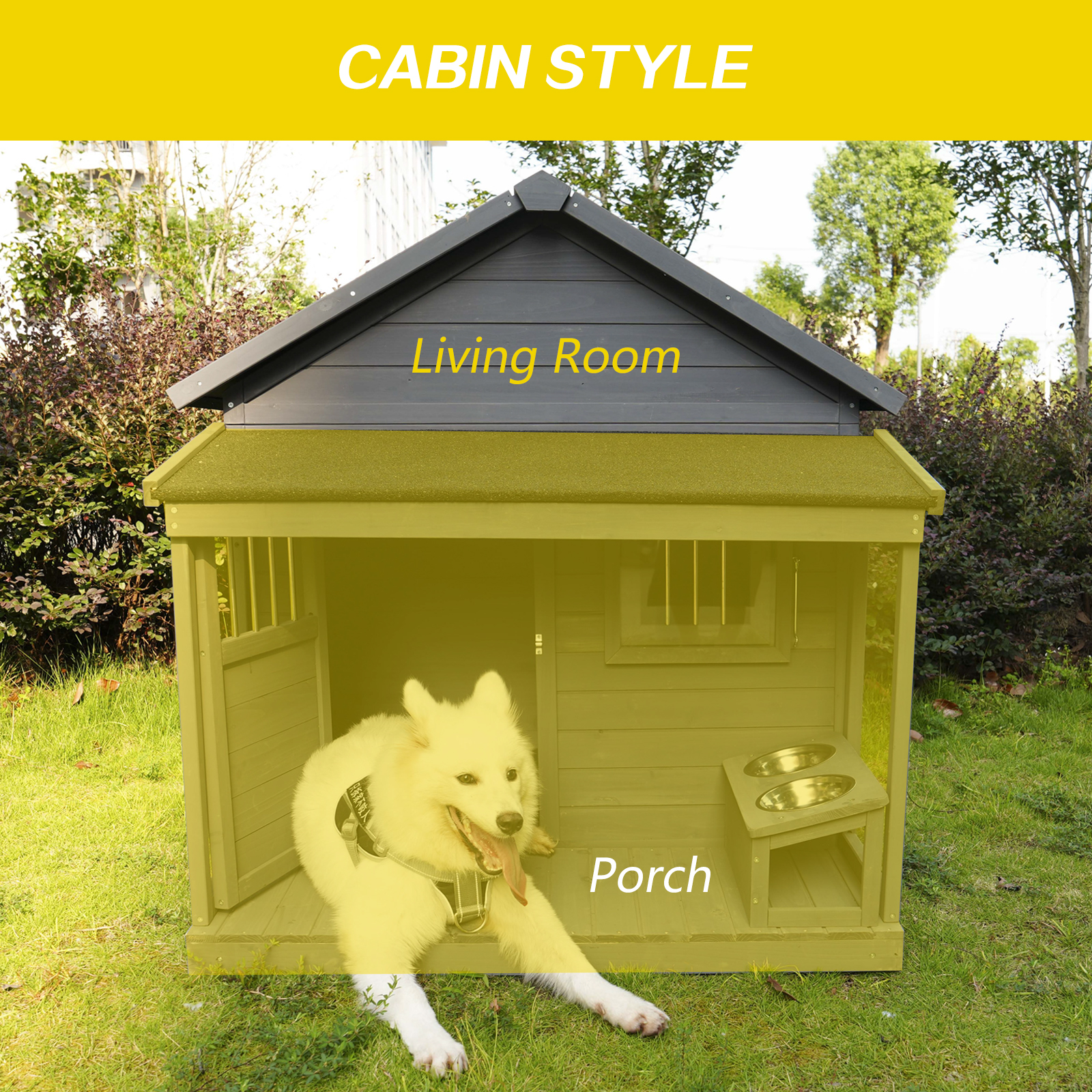 Casa para Perros Grande, Larga 44.2" x Ancha 44.6" x Alta 44.6", Madera Solida Teja de Asfalto con Terraza Grande para Perros Grandes, Impermeable y Segura, Puertas Pequeñas de Madera que Se Pueden Bloquear — imagen 3