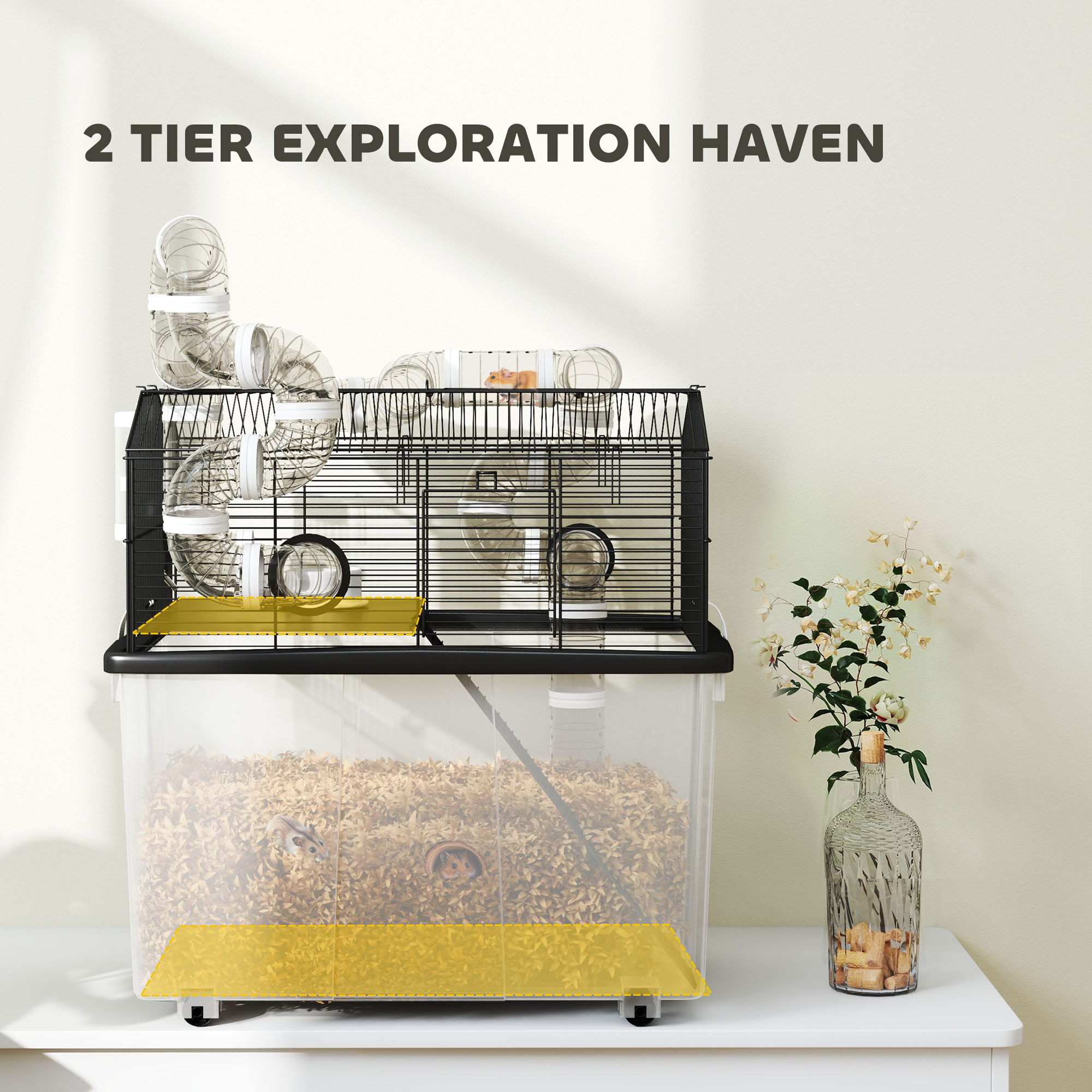 2 Tier Hamster Cage With 12" Deep Tray, Tube System, Water Bottle, Ramp, Feeding Bowl, 23" X 17" X 22", Black — imagen 4