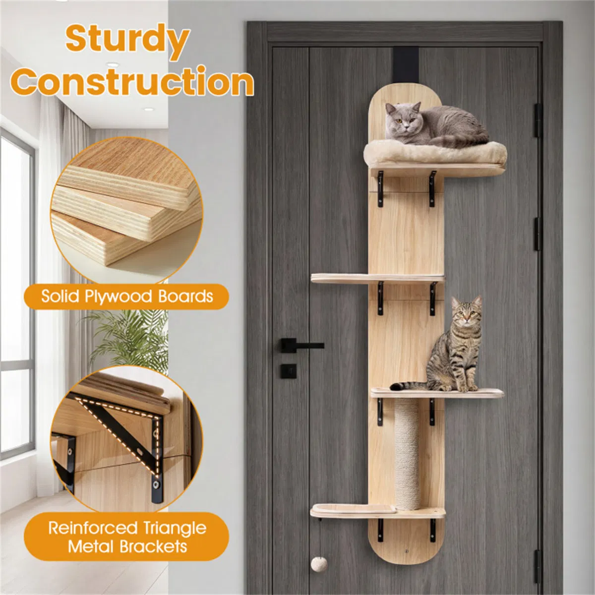 Door Hanging Cat Tree 5-Level Height Adjustable 4-Tier Climber No-Drill for Apartment Beige — image 6
