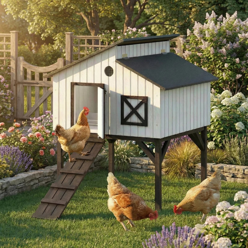 PawHut Chicken Coop Hen House With Nesting Box, Elevated Rabbit Hutch With Ramp, Asphalt Openable Roof And Elevated Legs — imagen 3
