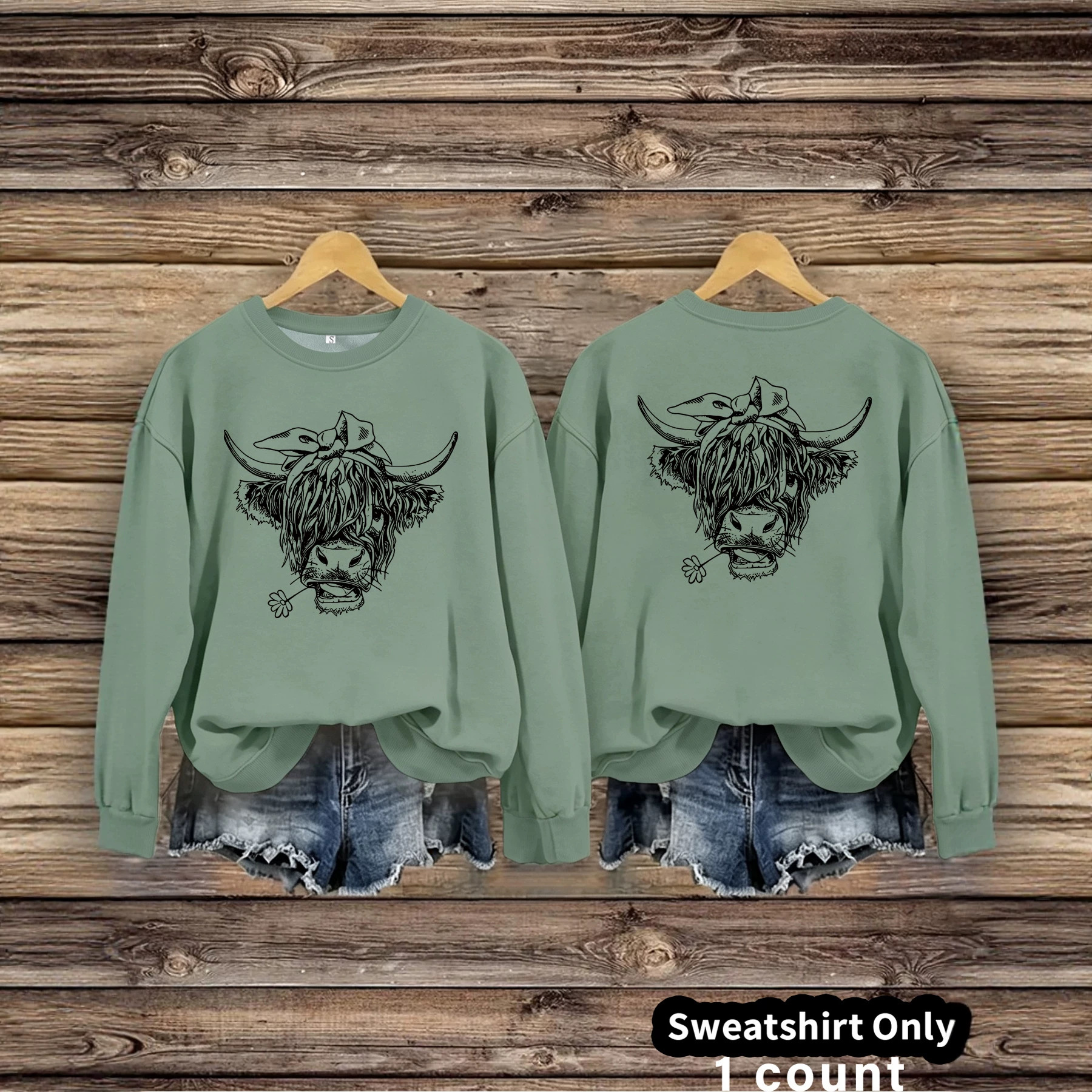 Cowboy Highland Cow Printed Loose Women's Velvet Hoodie — image 5