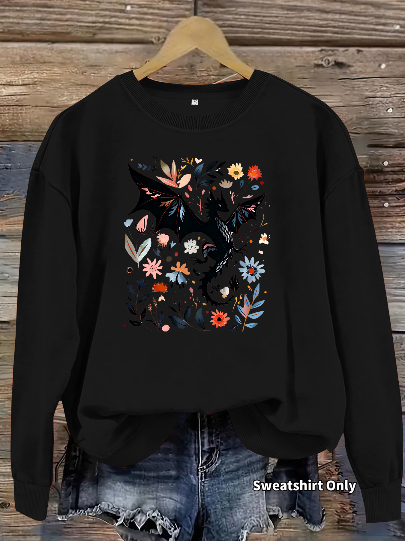 Dragon pattern and floral print round neck fleece hoodie — image 10