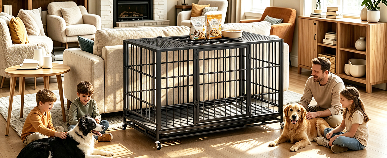 Heavy Duty Dog Crate, Mobile Pet Kennel with Lockable Wheels & Rotary Twist-Latch, Indoor Outdoor Metal Cage with Perforated Top — image 9