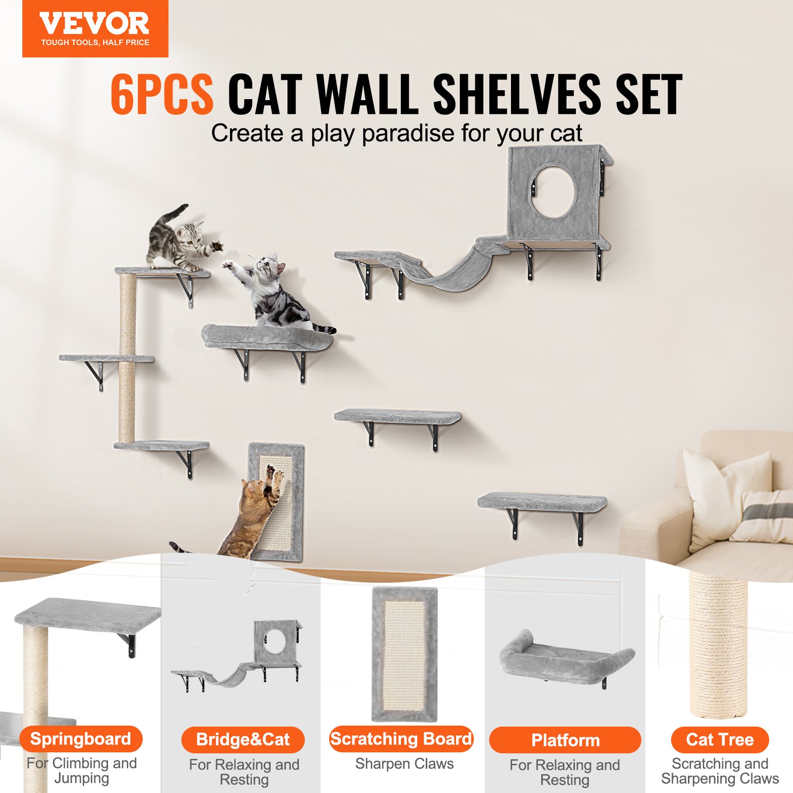 Wall Mounted Cat Shelves Tree With Jump Boards Hammock Sofa Grip Set Of 6 — image 4