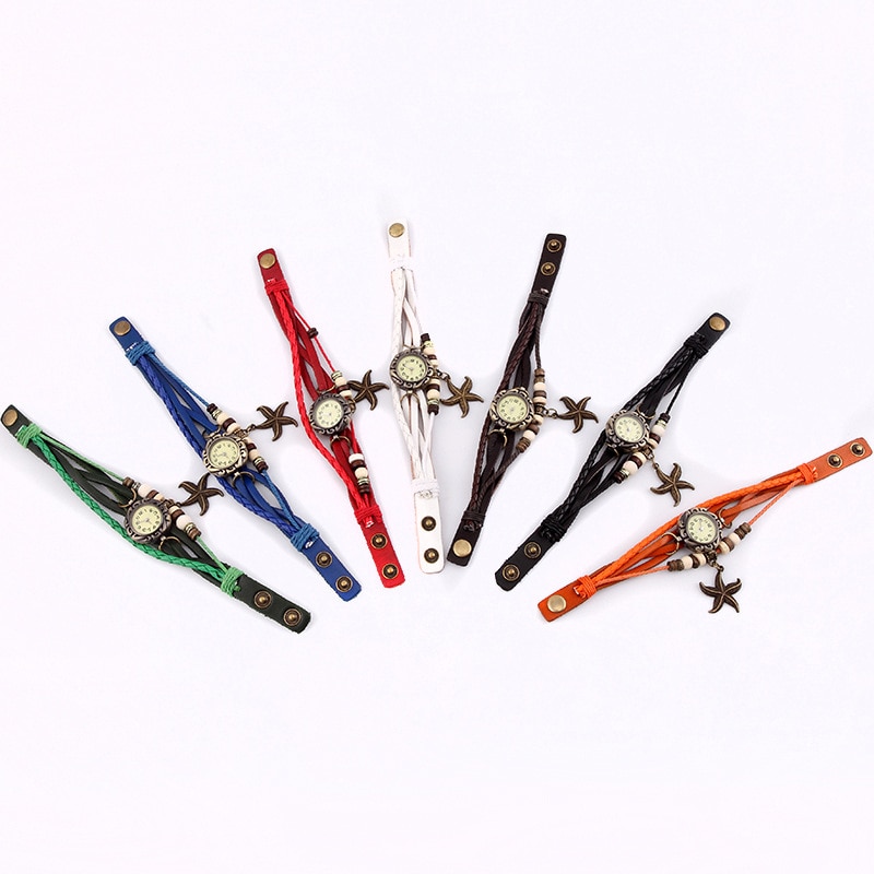 Lady Starfish Bracelet Watch Clock Retro Weave Wrap Watches Genuine Leather Starfish Wristwatch Slim Bnad small Dial LL — image 6