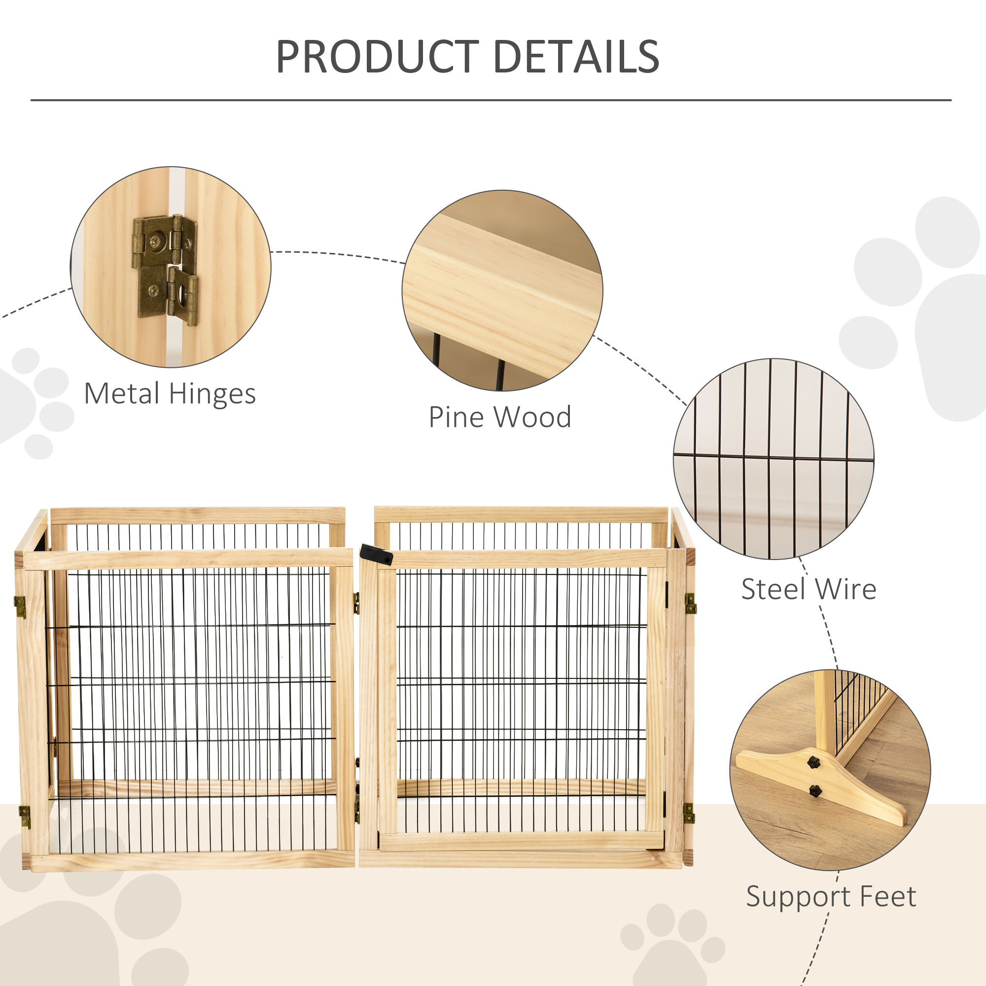 Wooden Pet Gate, 6-Panel Folding Dog Safety Barrier with Support Feet for Small & Medium Dogs, Natural Wood — image 3