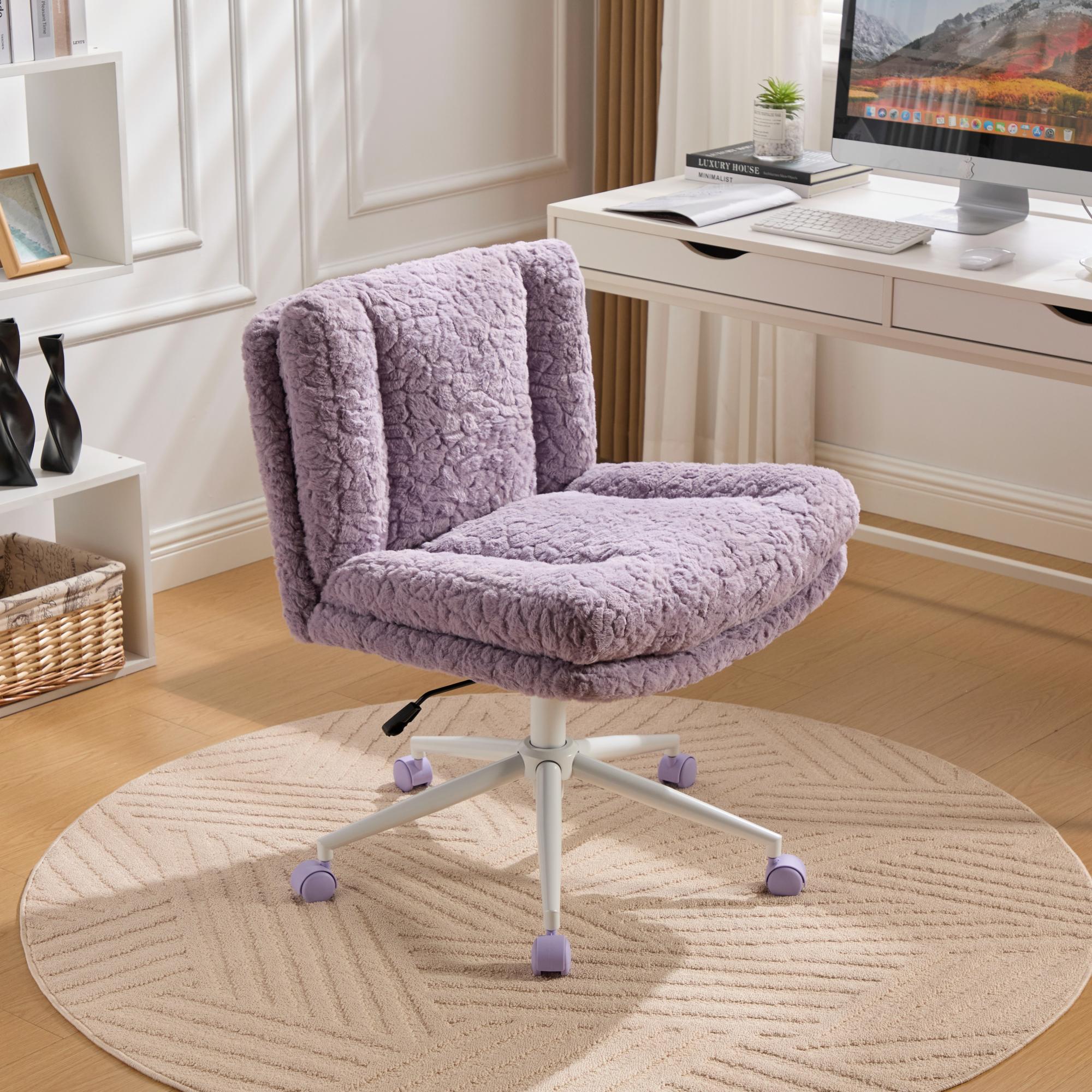 W26.4 Inch Wider Seat Office Chair, Artificial Rabbit Hair Home Office Chair With Metal Base, Adjustable Desk Chair Swivel Office Chair, Vanity Chair Violet — image 1