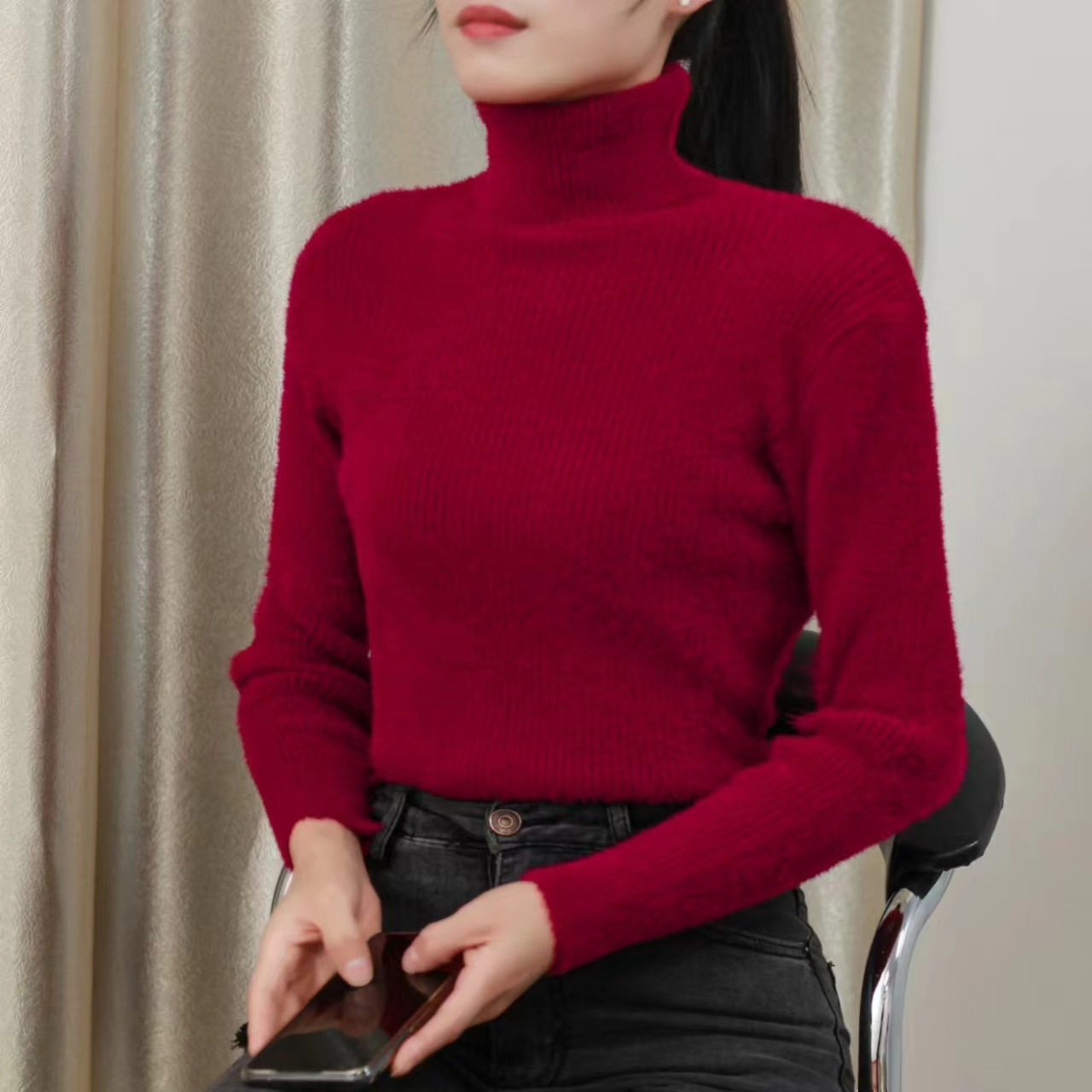 Women's Long Sleeve High Neck Slim Fit Thickened Faux Mink Knit Sweater — image 14