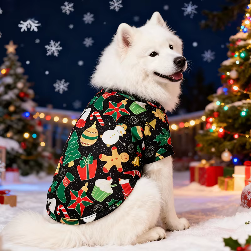 Disfraz de Navidad con Patrón de Papá Noel para Perros Grandes - Vestido Rojo y Negro con Escarcha y Frutas — imagen 6