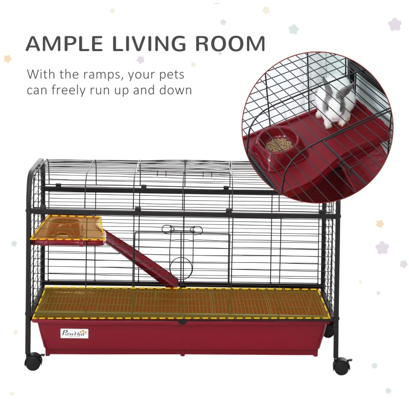 PawHut 41L Small Animal Cage, Pet Play House For Rabbit Hutch Ferret With Feeder, Rolling Wheels, Platform, Ramp — image 6