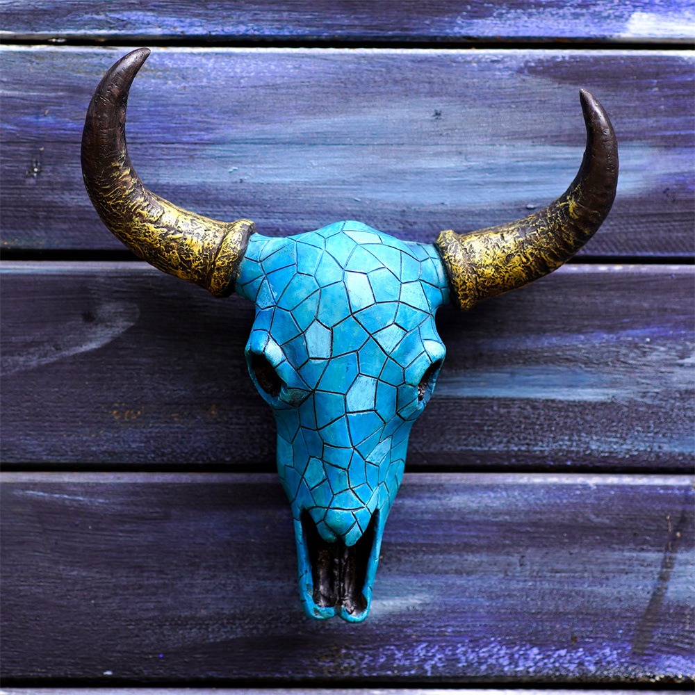 Three dimensional turquoise curved ox horn wall hanging ornaments, retro resin animal skull ornaments — image 2