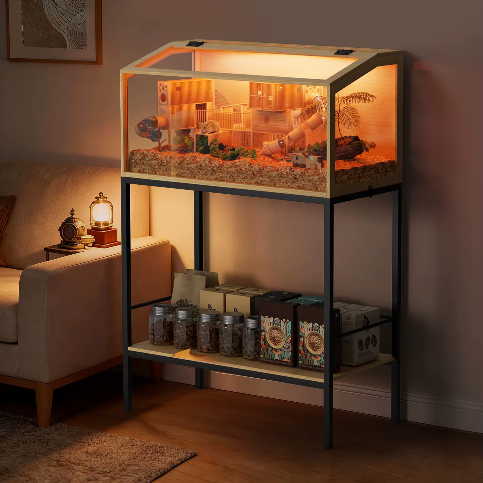 Large Wooden Hamster Cage Clear Tempered Glass Pet Small Animal Habitat Cage Playful Hutch House Built-in LED Light — image 4