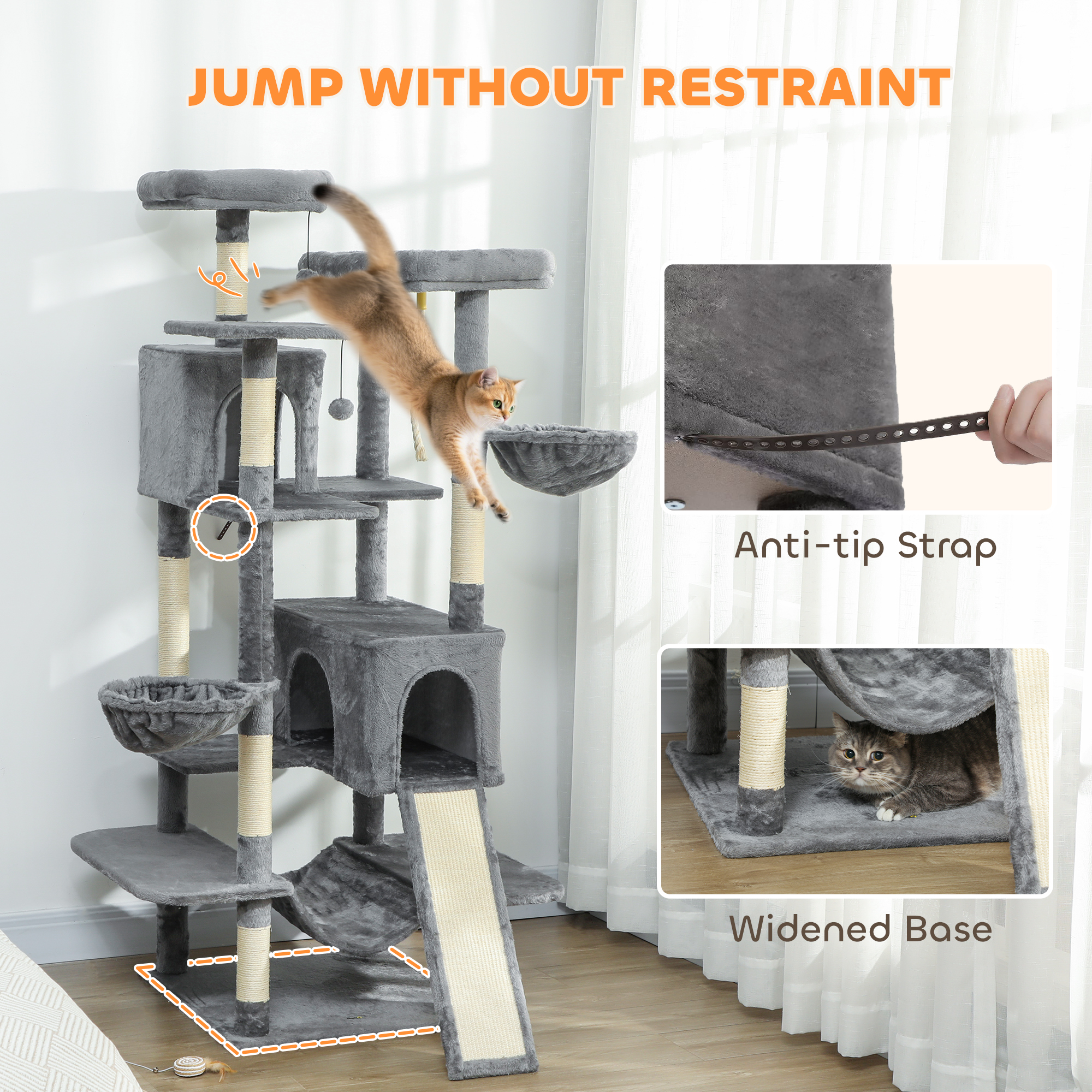 Árbol para Gatos de 69", Torre Multinivel con 2 Condominios y 3 Hamacas, 8 Postes Rascadores, para Varios Gatos, Gris Oscuro — imagen 8