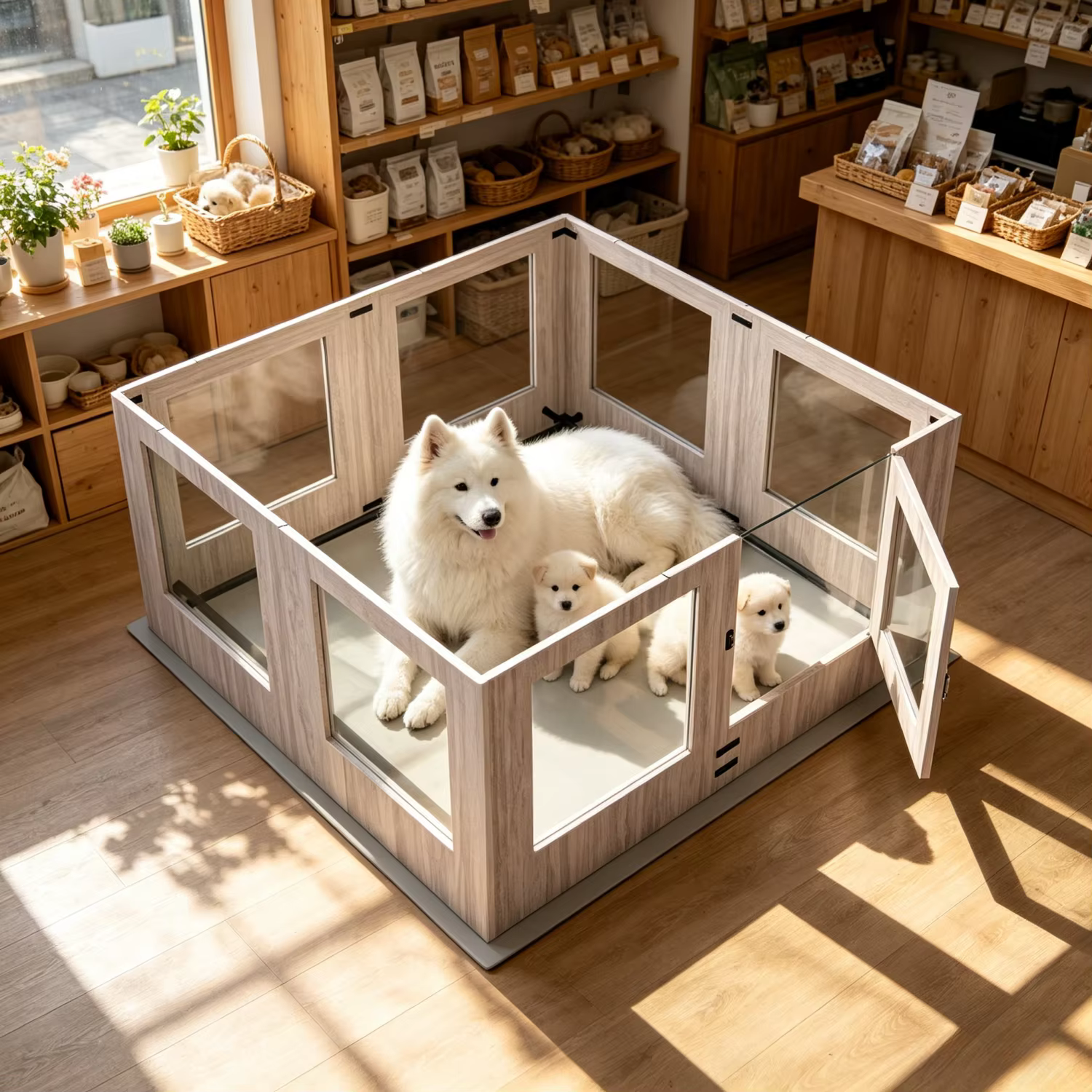 Corralito de 8 Paneles de Vidrio Templado para Cachorros, Corral de Parto para Mascotas de Interior, Jaula de Ejercicio con Almohadilla Impermeable para el Parto — imagen 1