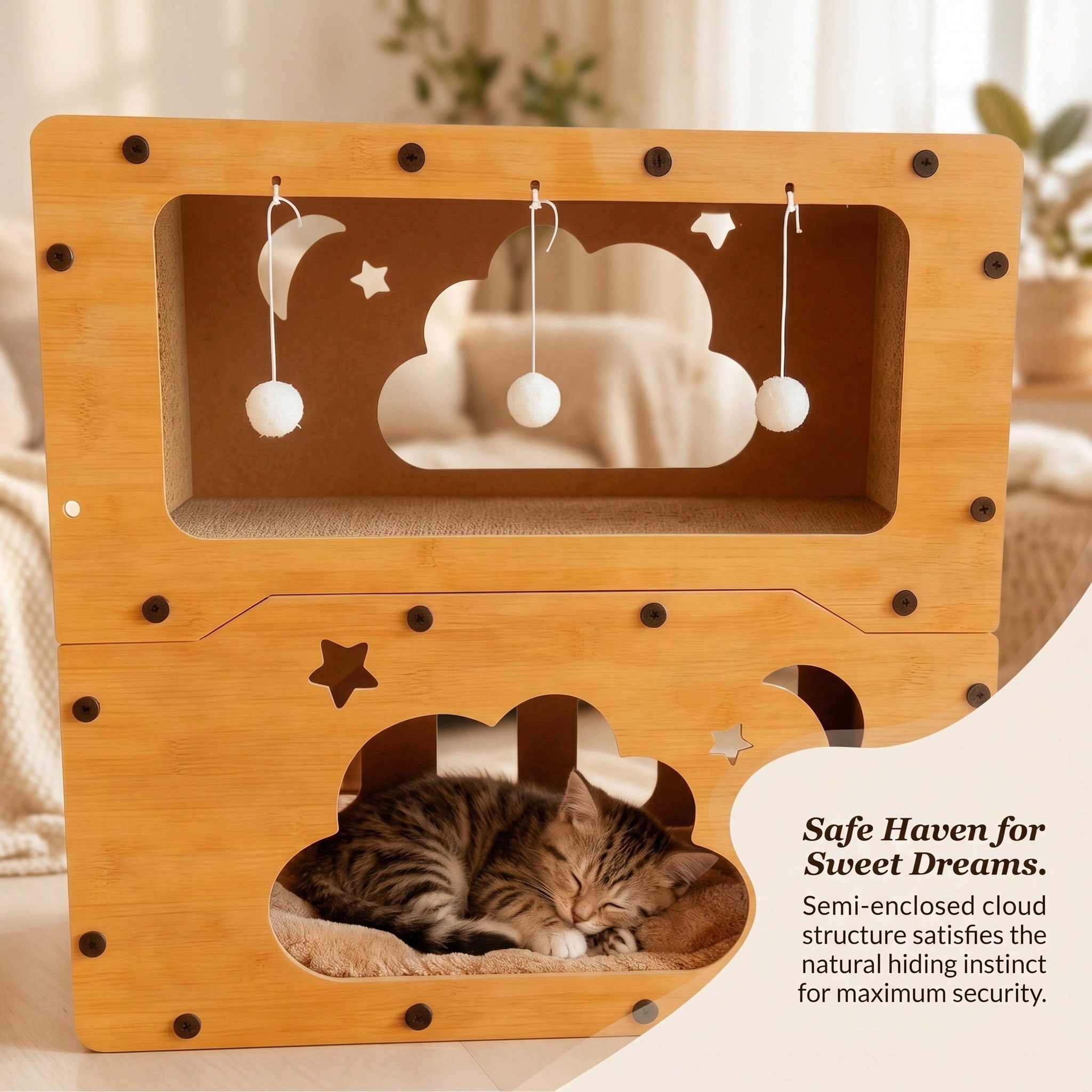 Casa Rascador para Gatos de Doble Capa en 2 Estilos, Nido Multifuncional de Cartón Corrugado, Villa Espaciosa, Cama Cueva para Gatos con Juguete de Bola Colgante, Resistente al Desgaste, Casa para Gatos de Interior para Afilar Uñas — imagen 6