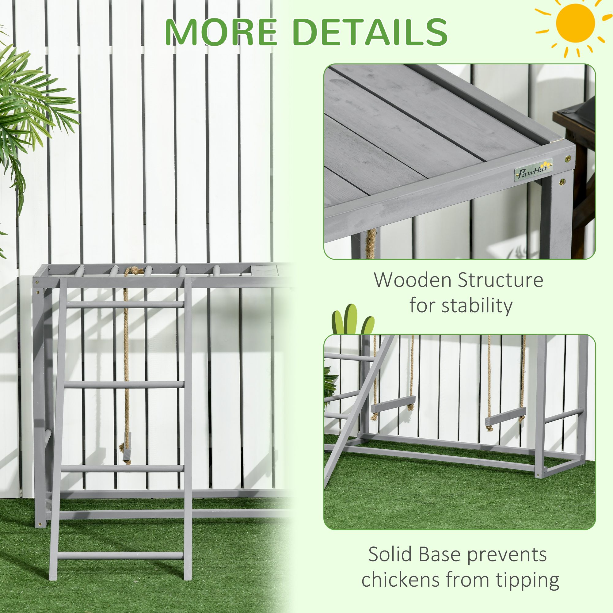 Actividad de Pollo con Conjunto de Suelo para 3-4 Aves, Accesorio de Gallinero en Madera con Perchas Múltiples y Escalera de Ponedoras, Gris — imagen 4