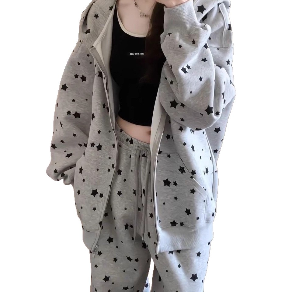 Star Print Rabbit Ears Fashion Set for Women, Hooded Sweatshirt Cardigan, Lazy Loose Two-Piece Set — image 6
