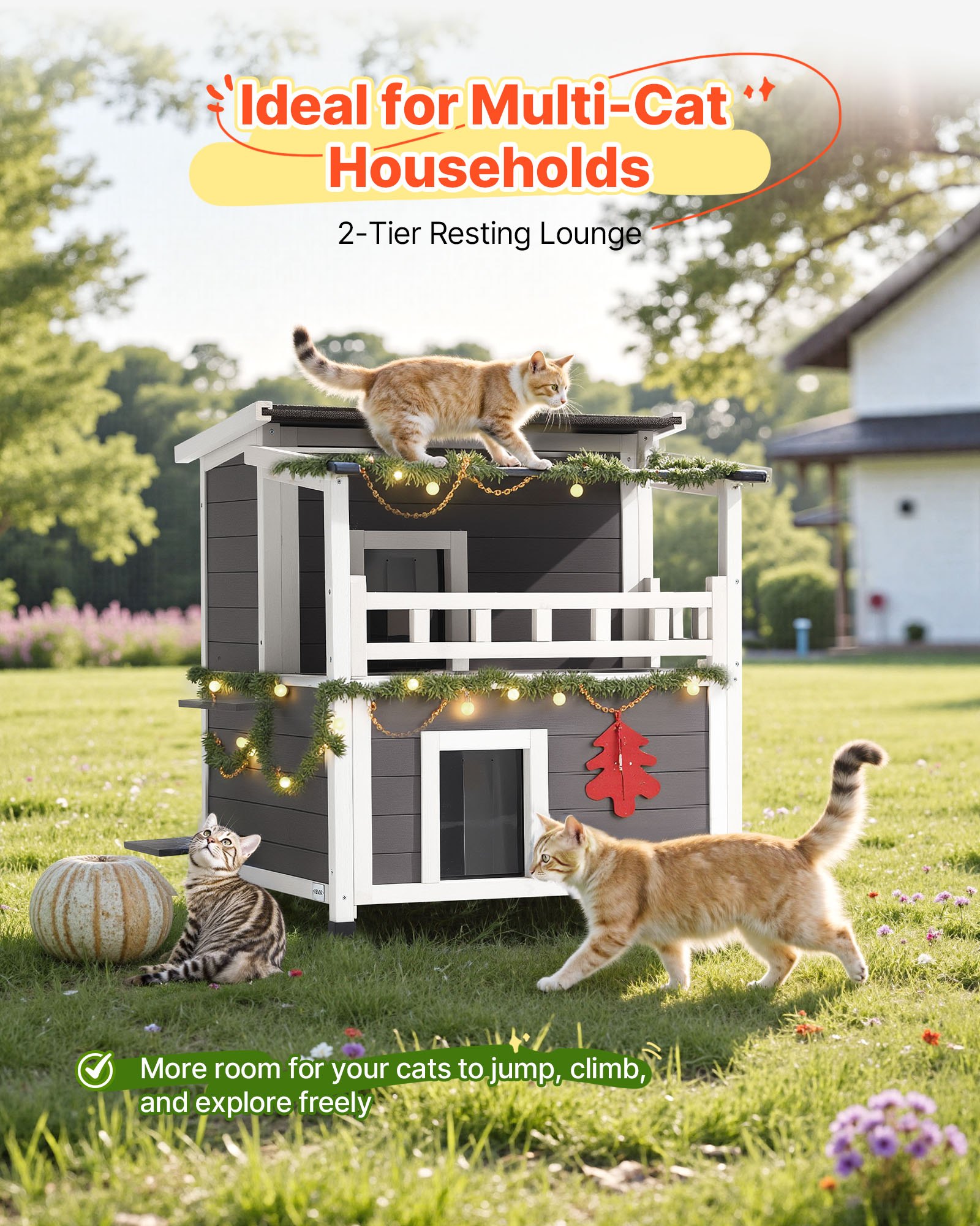 Casa Aislada para Gatos 2 Niveles, Refugio de Madera para Gatos Ferales con Balcón, Condominio de Gatos Impermeable para Indoors y Outdoors para 1-3 Gatos en Invierno 33 x 29.5 x 32 Pulgadas — imagen 5