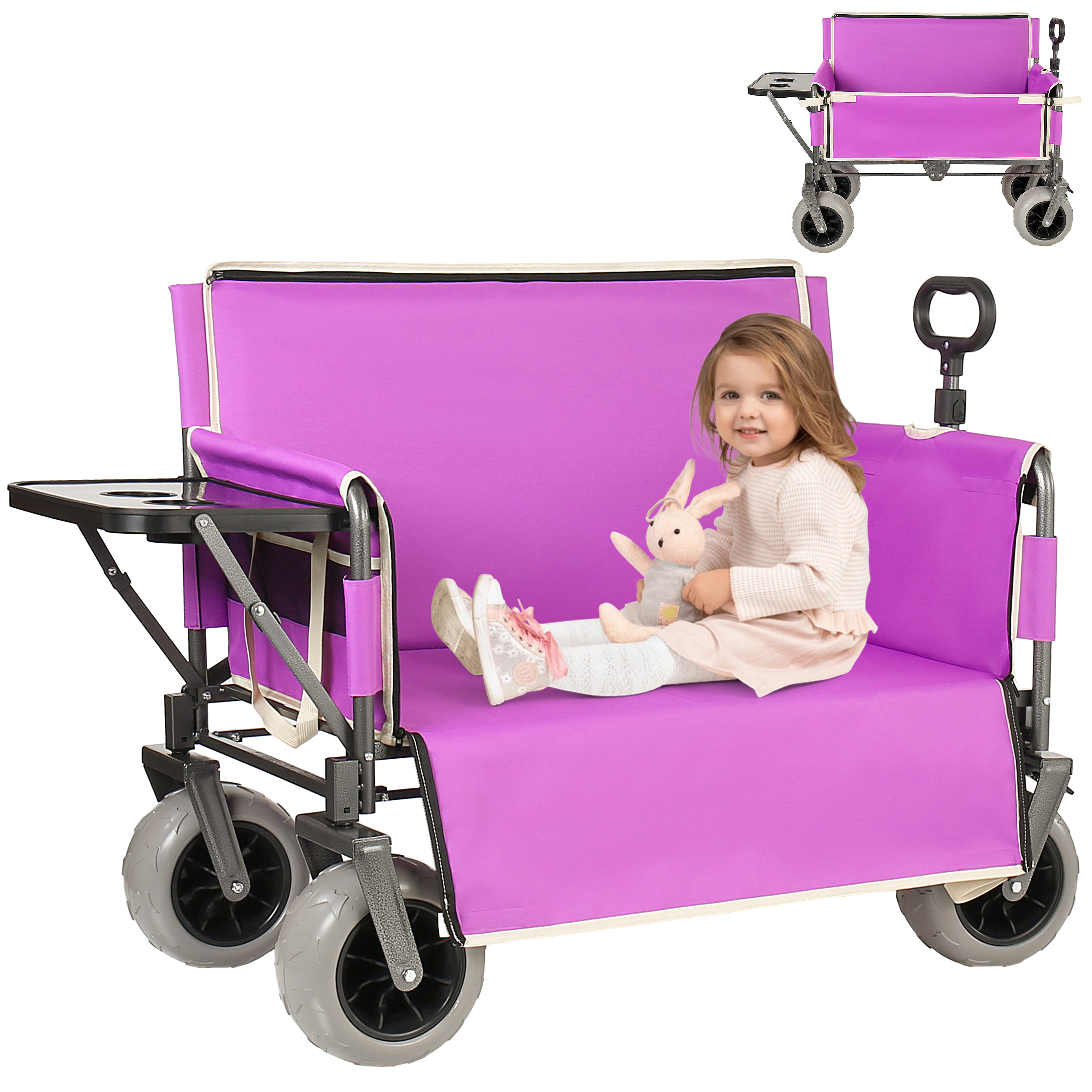Carreta Plegable 3 en 1 que se Convierte en Banco, Carrito Plegable Convertible con Mesa Plegable Trasera, Resistente hasta 500lbs, Capacidad de 180L, para Camping, Playa, Jardín y Pesca - Morado — imagen 1