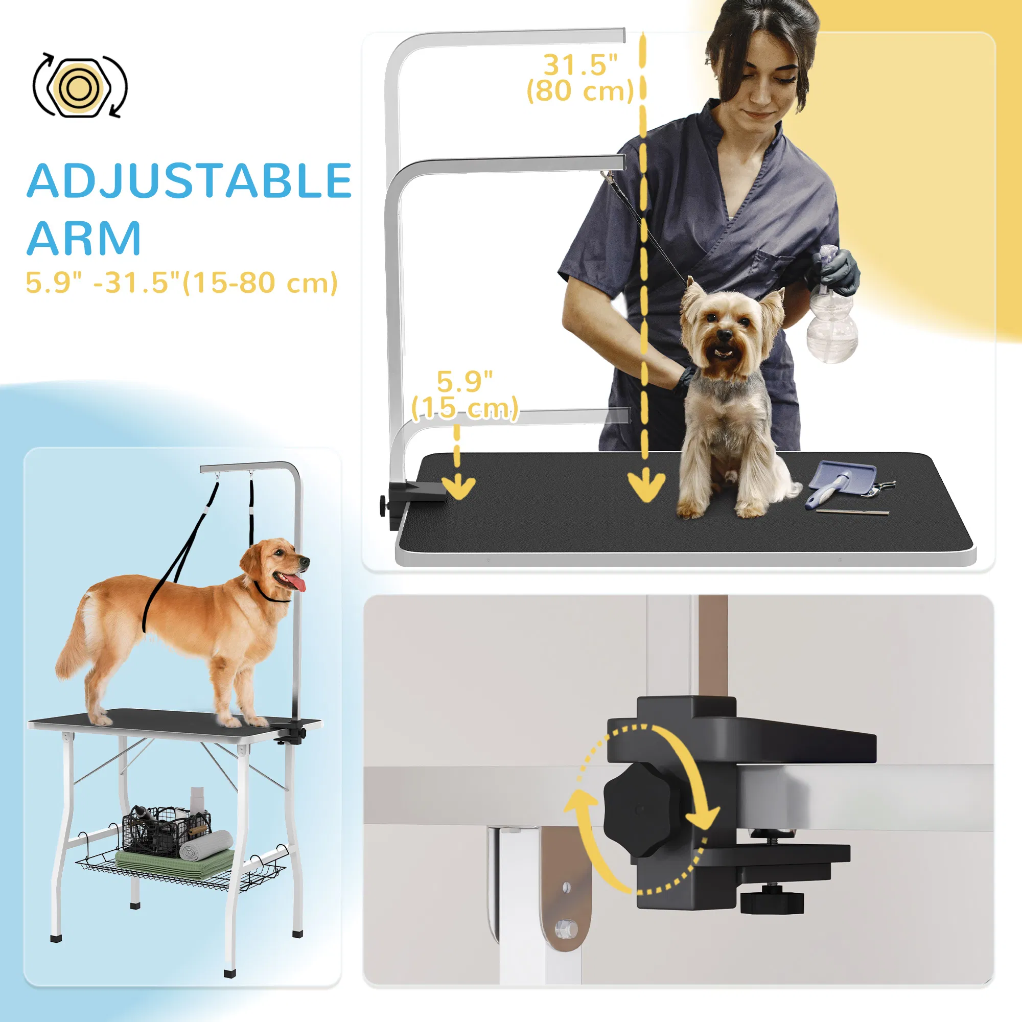 Dog Grooming Table w/ Adjustable Arm, Mesh Tray, Two Nooses, Rubber Surface, 35" x 24" x 61", Black — image 6