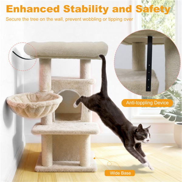 Rascador para Gatos Multinivel Beige de 33.5 Pulgadas con Condominio de 2 Niveles, Postes de Rascar de Sisal y Dispositivo Antivuelco para Gatos — imagen 3