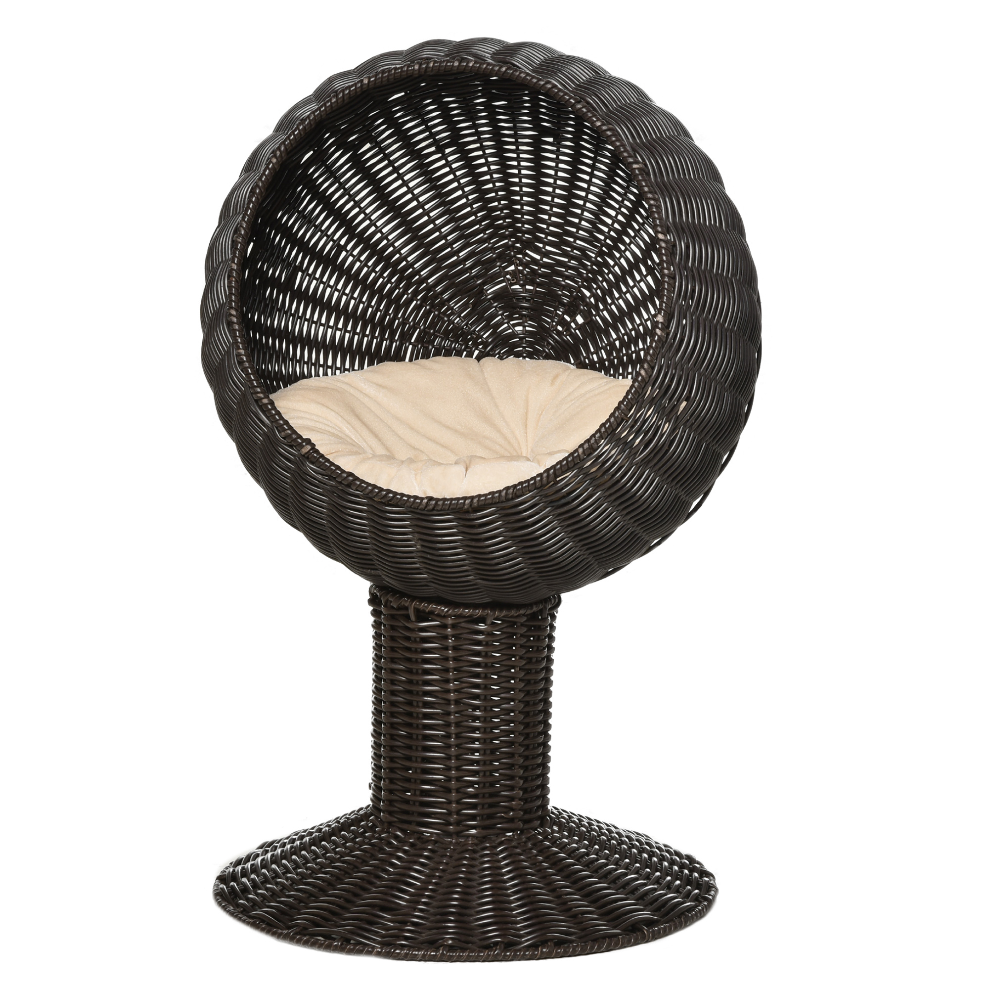 Cama Elevada para Gatos de 27", Silla Huevo Giratoria, Cojín Grueso, Estera Natural Tejida, Color Café — imagen 4