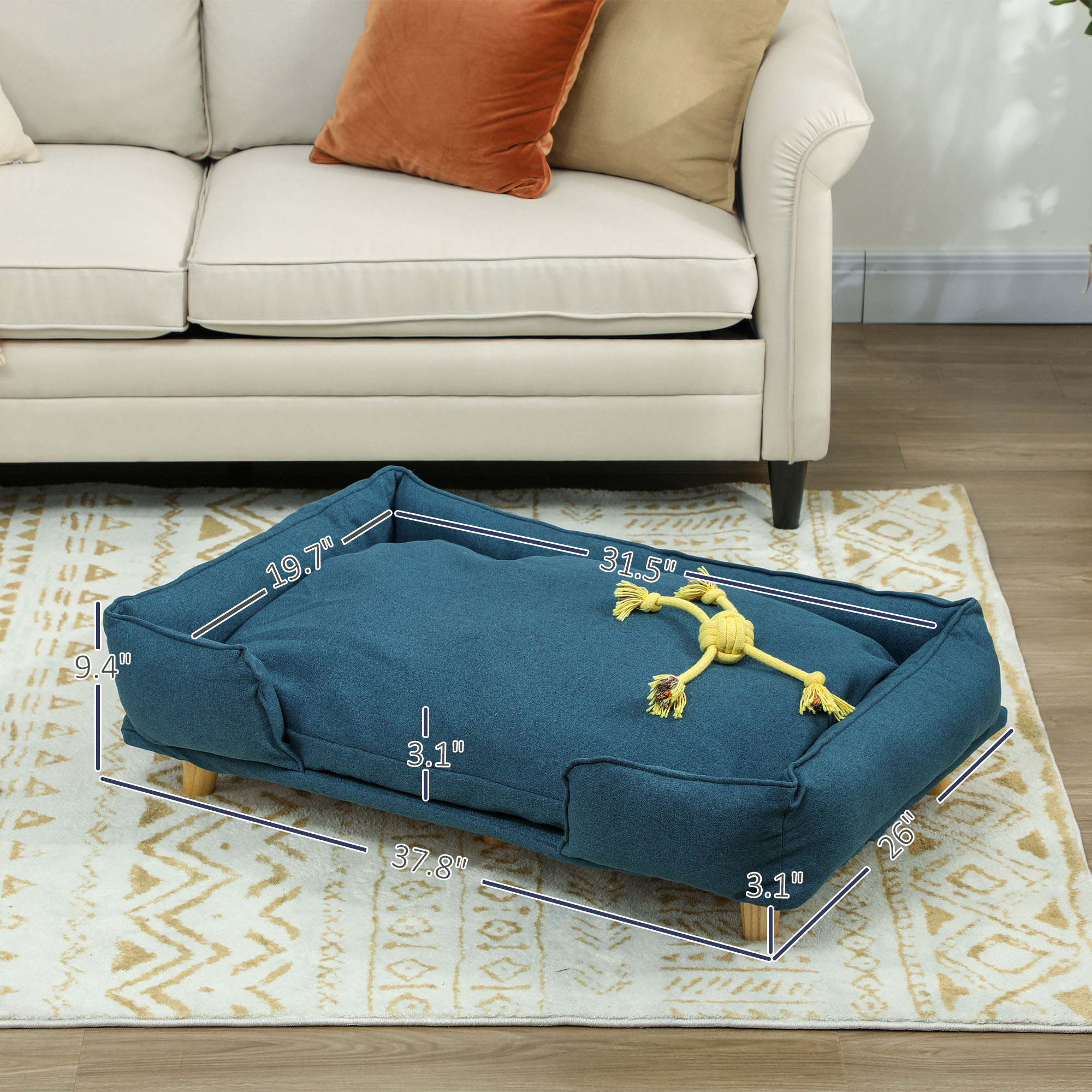 Silla de Perro Elevada con Almohadilla Cómoda, Patas de Madera de Pino, Piezas Antideslizantes para Perros Grandes Uso Interior Azul Oscuro — imagen 4