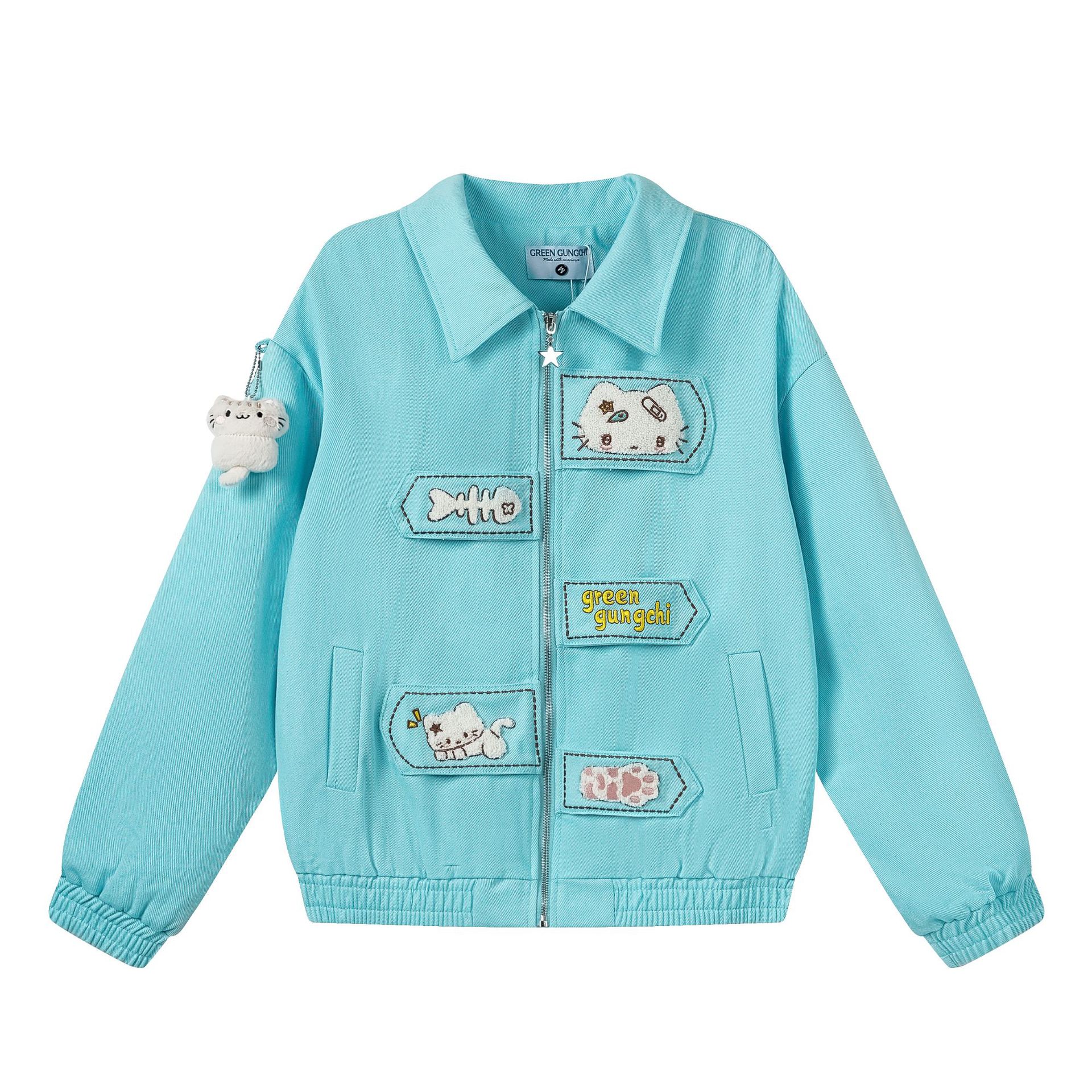 Cartoon Cat Patchwork Lapel Collar Loose Crop Workwear Jacket for Women — image 3