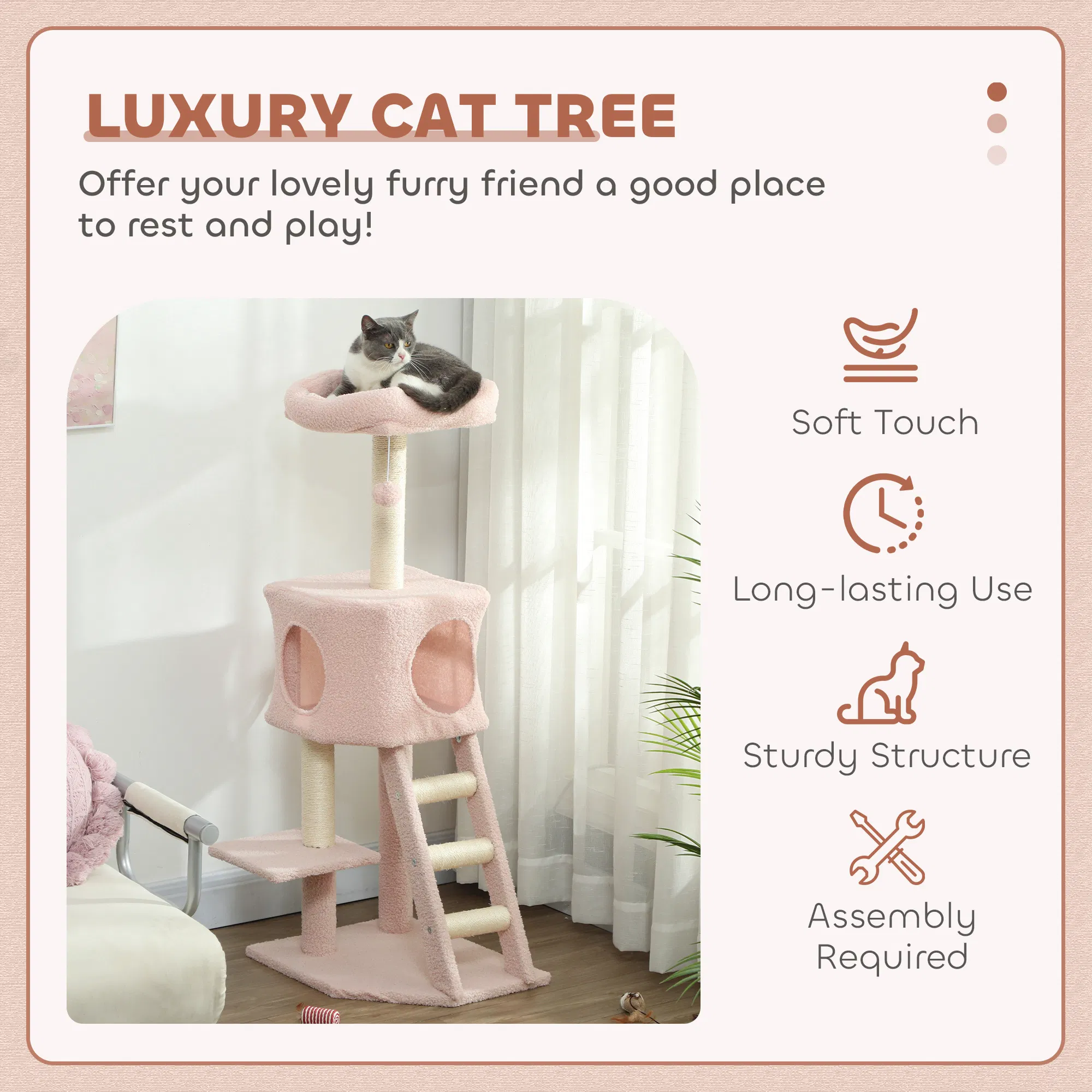 47" Tall Cat Tree Tower with Condo, Ladder, Scratching Posts and Hanging Ball, Pink — image 3