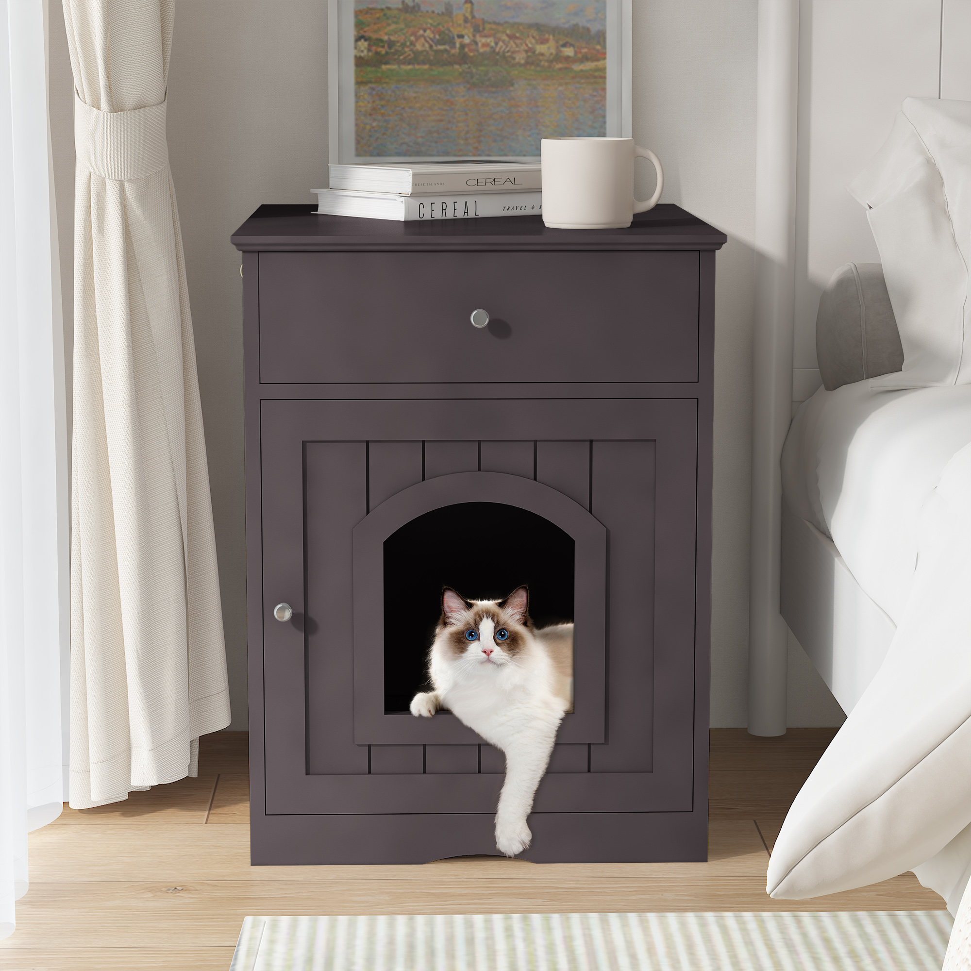 Casa de Madera para Mascotas con Caja de Arena y Cajón, Mesa Lateral, Jaula para Interior, Hogar para Gatos Noche, Marrón — imagen 5