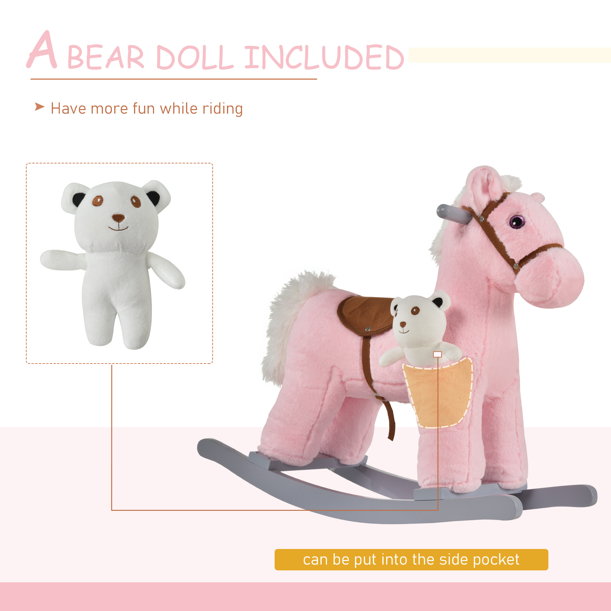 Caballo de Madera con Sonidos y Oso Plush para Niños, Juguetes de Equilibrio con Movimiento Realista para Bebés de 18-36 Meses, Rosa — imagen 4