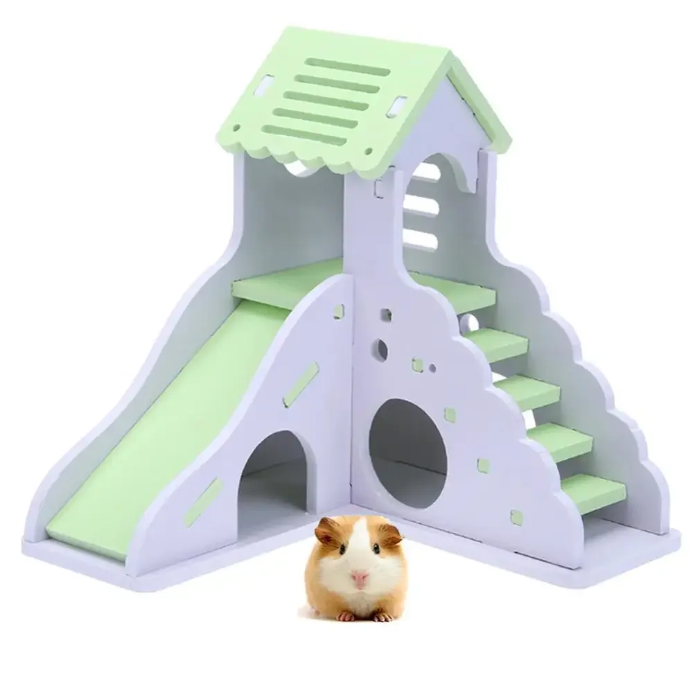 Colorful Mini Eco-board Wooden Slide DIY Assemble Hamster House Small Animals Pet Toy Double Stair-style Castle Pavilion Villa — image 1