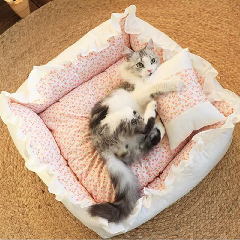 Pet Dog Lace Bed Cat Bed Cute Puppy Square Sleeping Cushion Bed Cat Sofa Warming Dog Nest with Pillow Washable Pet Bed S~L — image 4